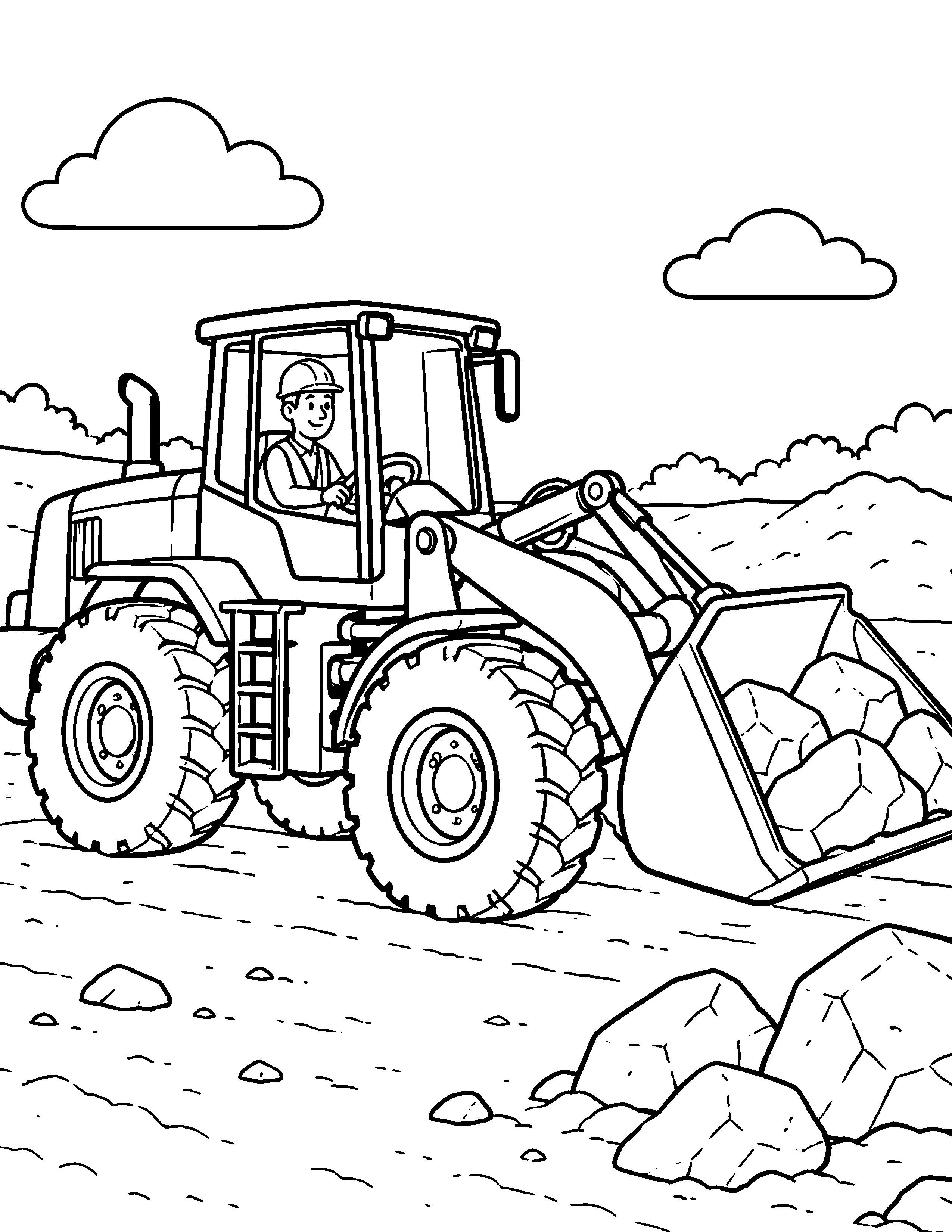 Wheel Loader construction coloring page: A wheel loader carries a few rocks in its front bucket.