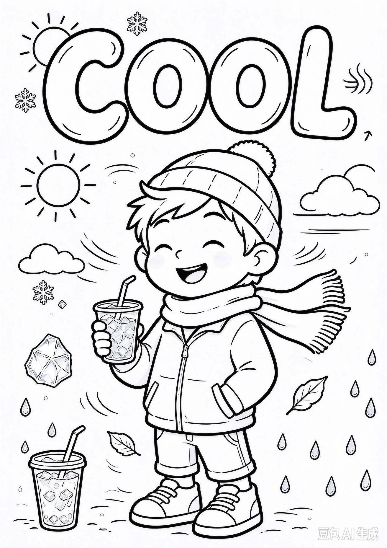 A child wearing a scarf and jacket stands among a sun, clouds, snowflakes, and a cold drink.