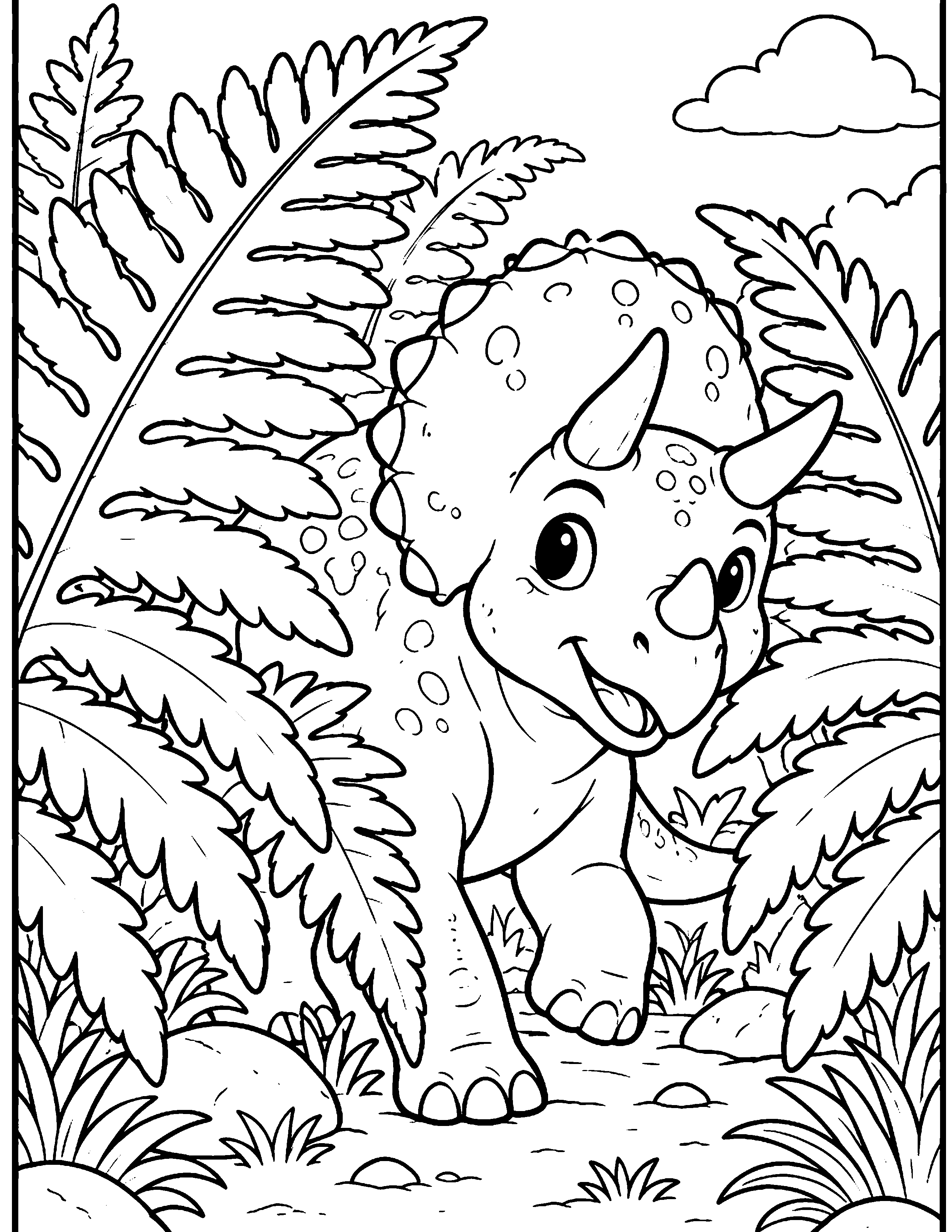 Dinosaur in the Ferns black-and-white coloring page