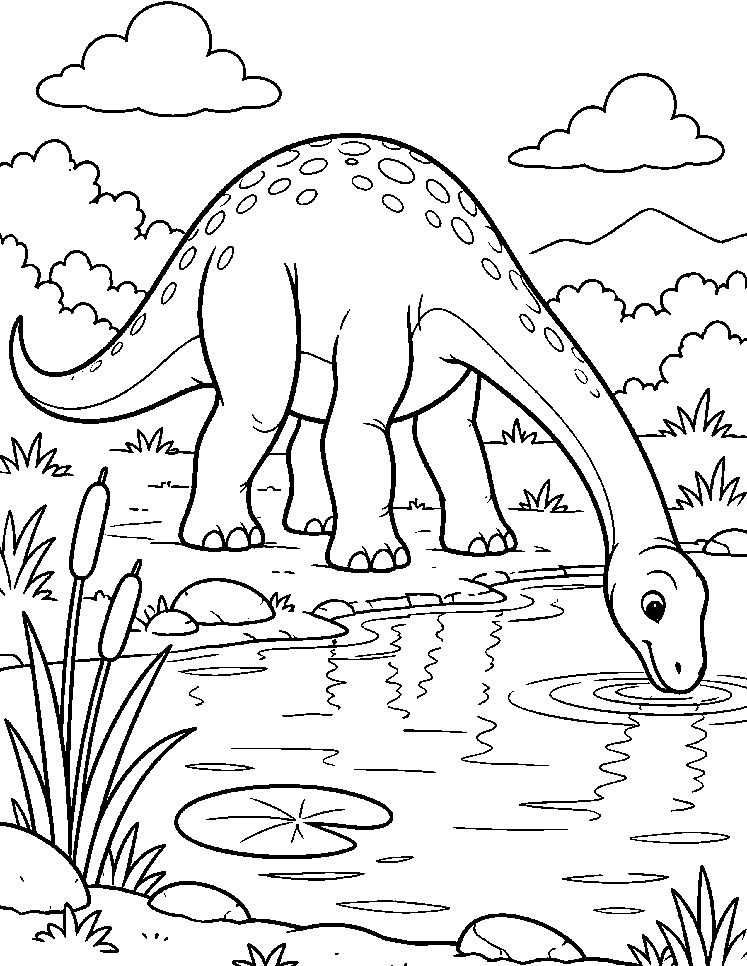 Dinosaur at the Pond black-and-white coloring page