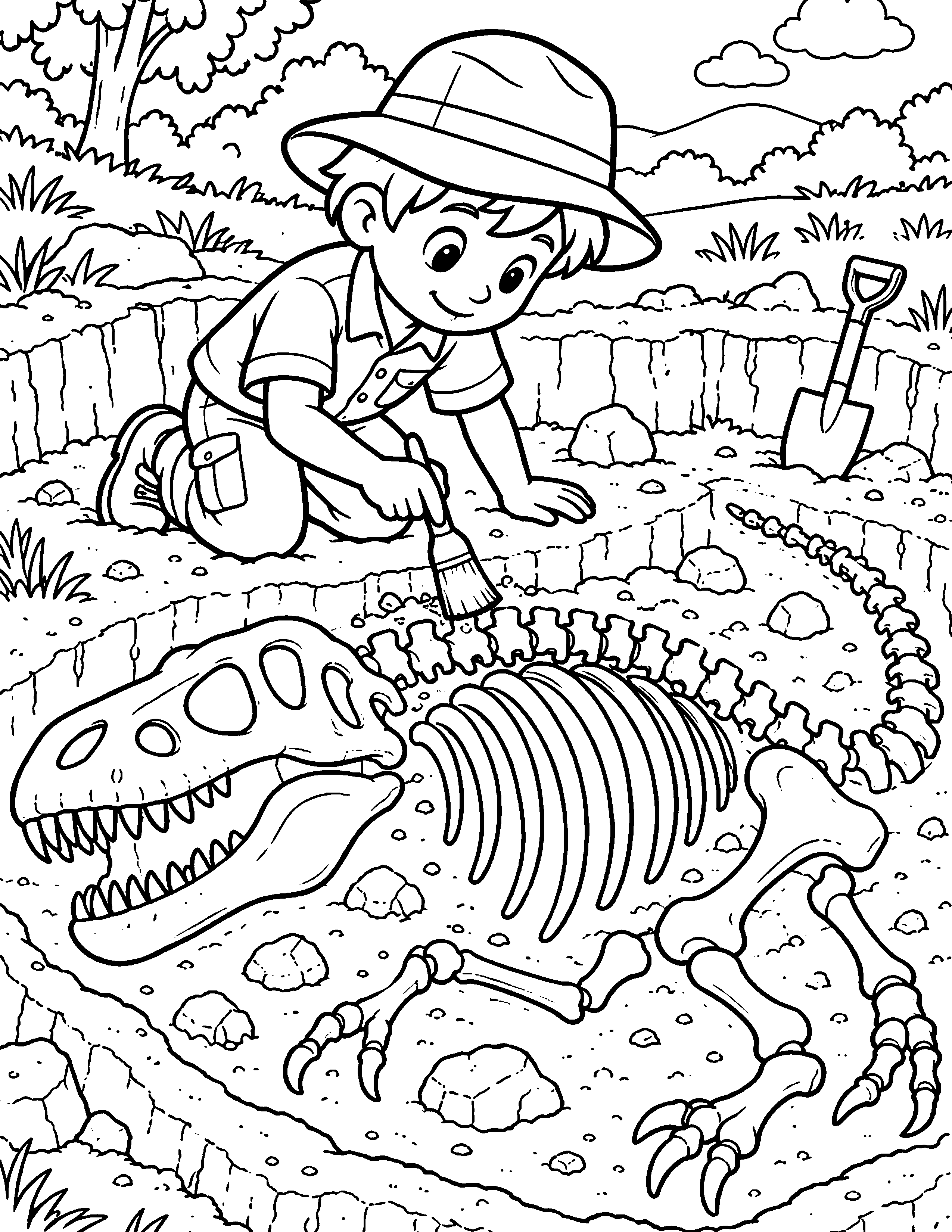 Dinosaur Fossil Dig black-and-white coloring page