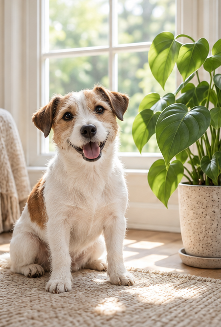 Sample color photo of a small dog sitting in front of a window and houseplants