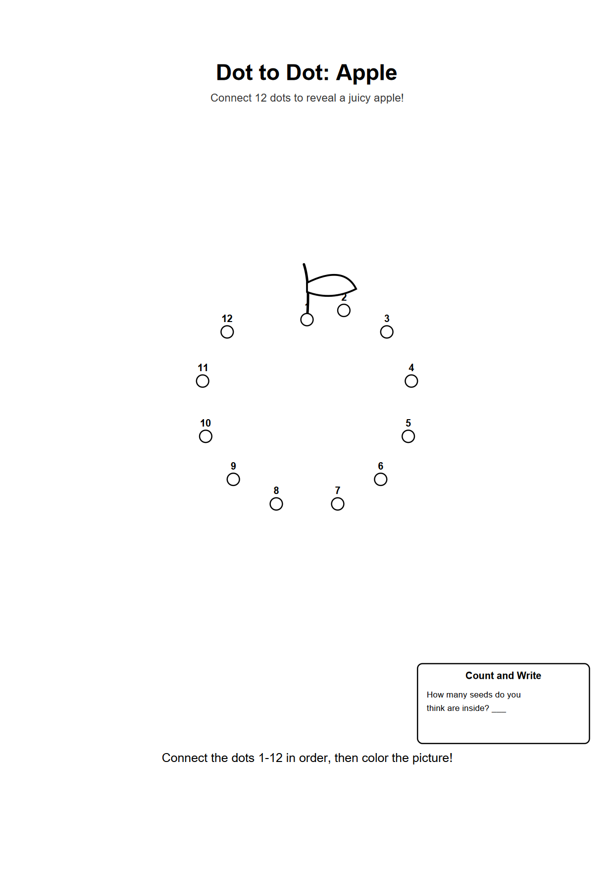 Dot to dot printable worksheet of an apple with 12 numbered outline dots