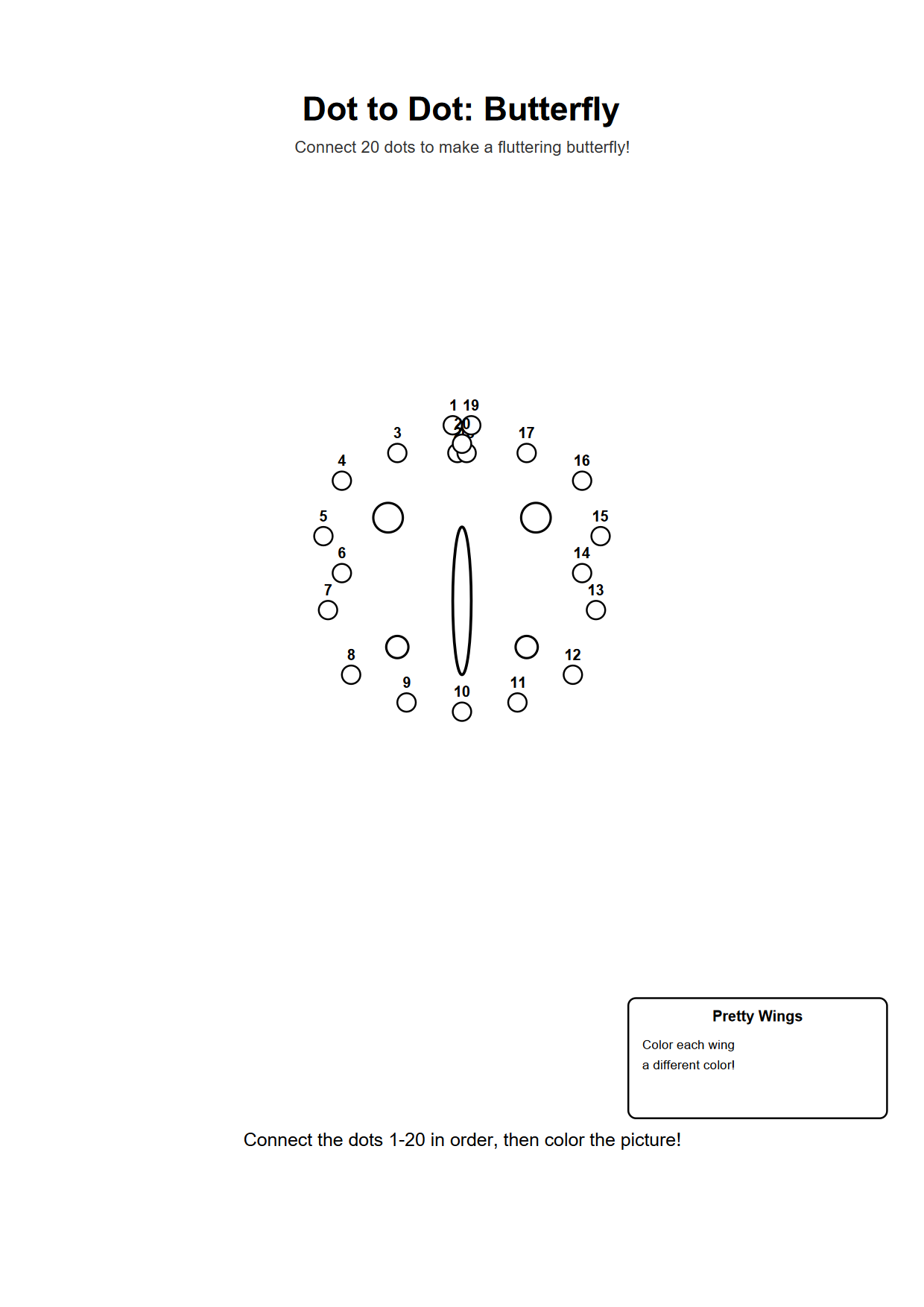 Dot to dot printable worksheet of a butterfly with 20 numbered outline dots