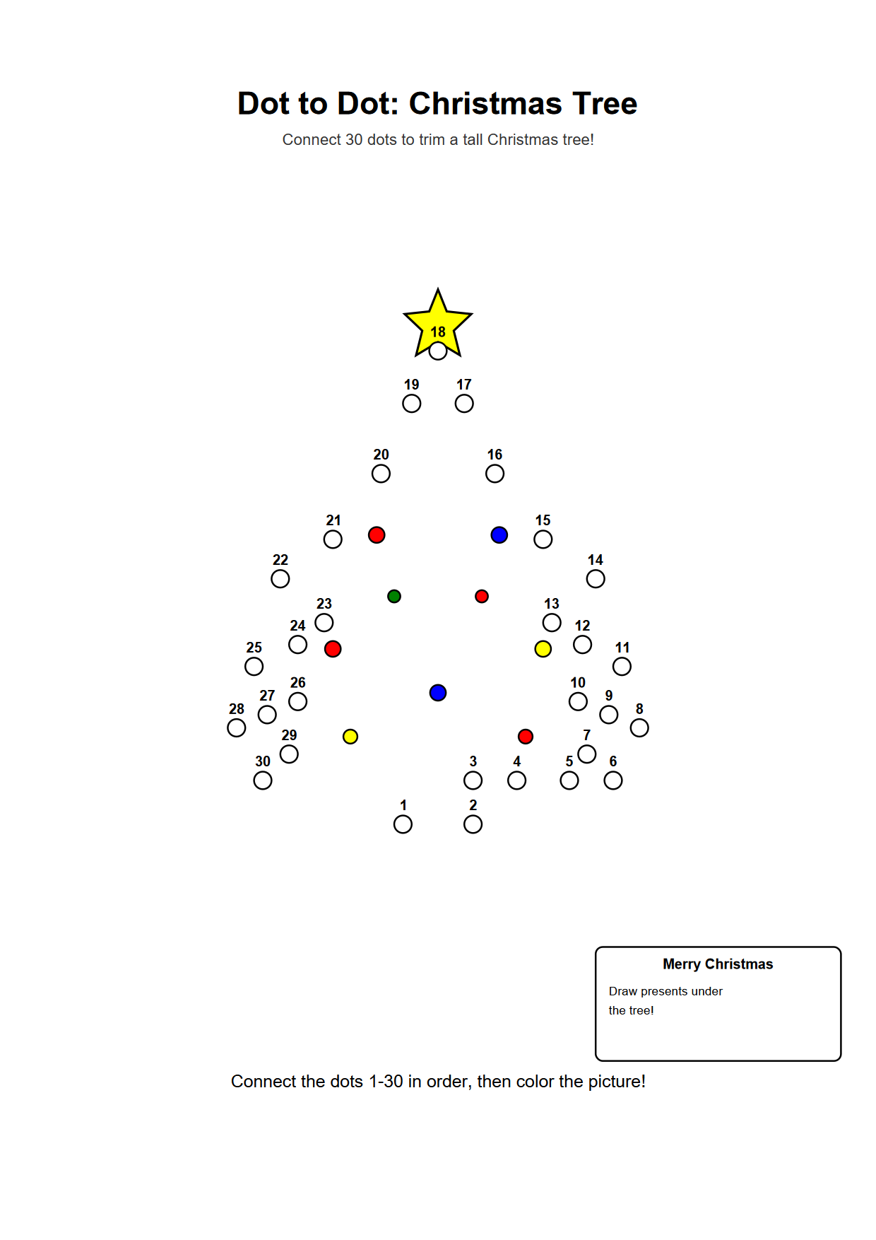 Dot to dot printable worksheet of a Christmas tree with 30 numbered outline dots