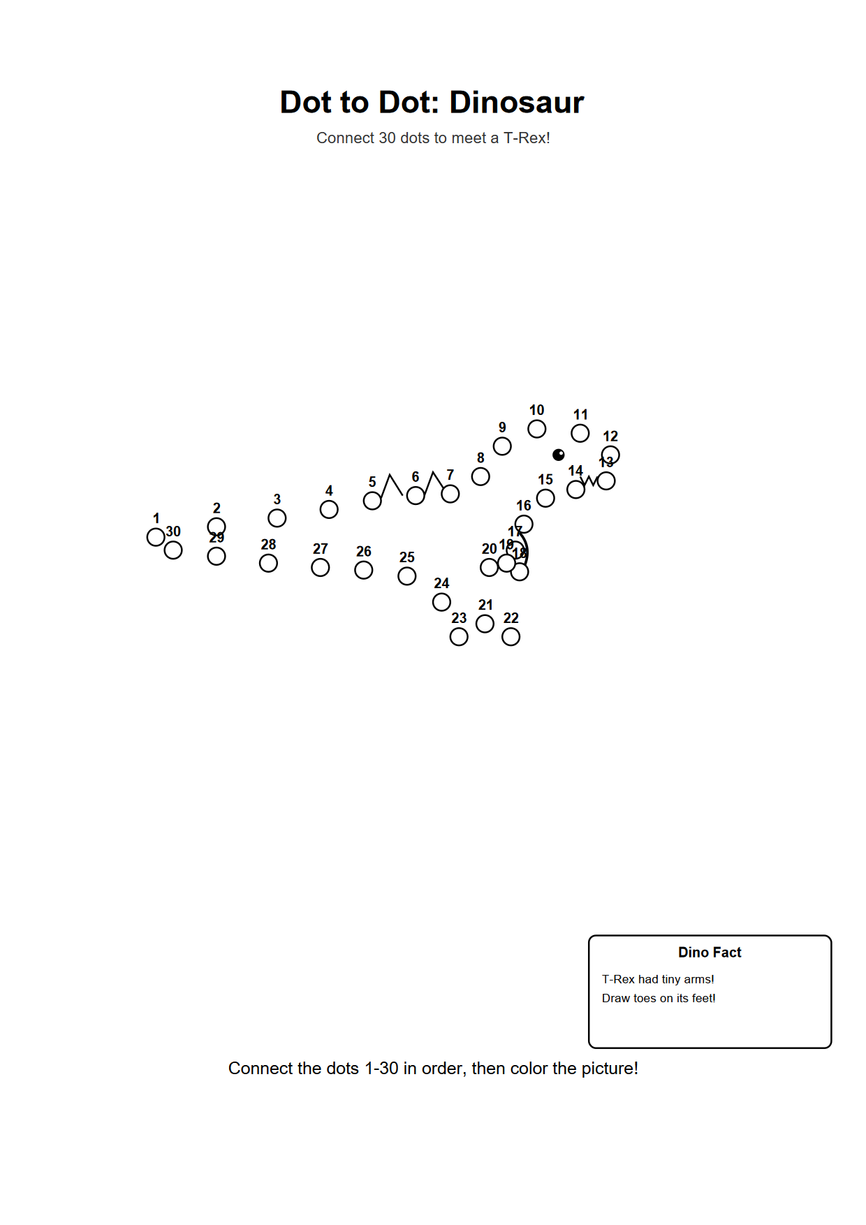 Dot to dot printable worksheet of a dinosaur with 30 numbered outline dots
