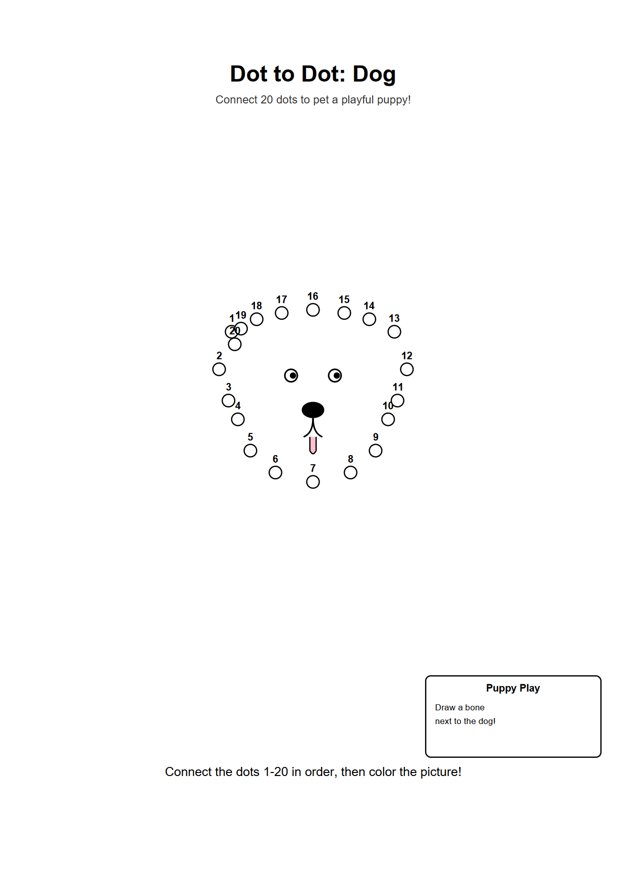 Dot to dot printable worksheet of a dog with 20 numbered outline dots