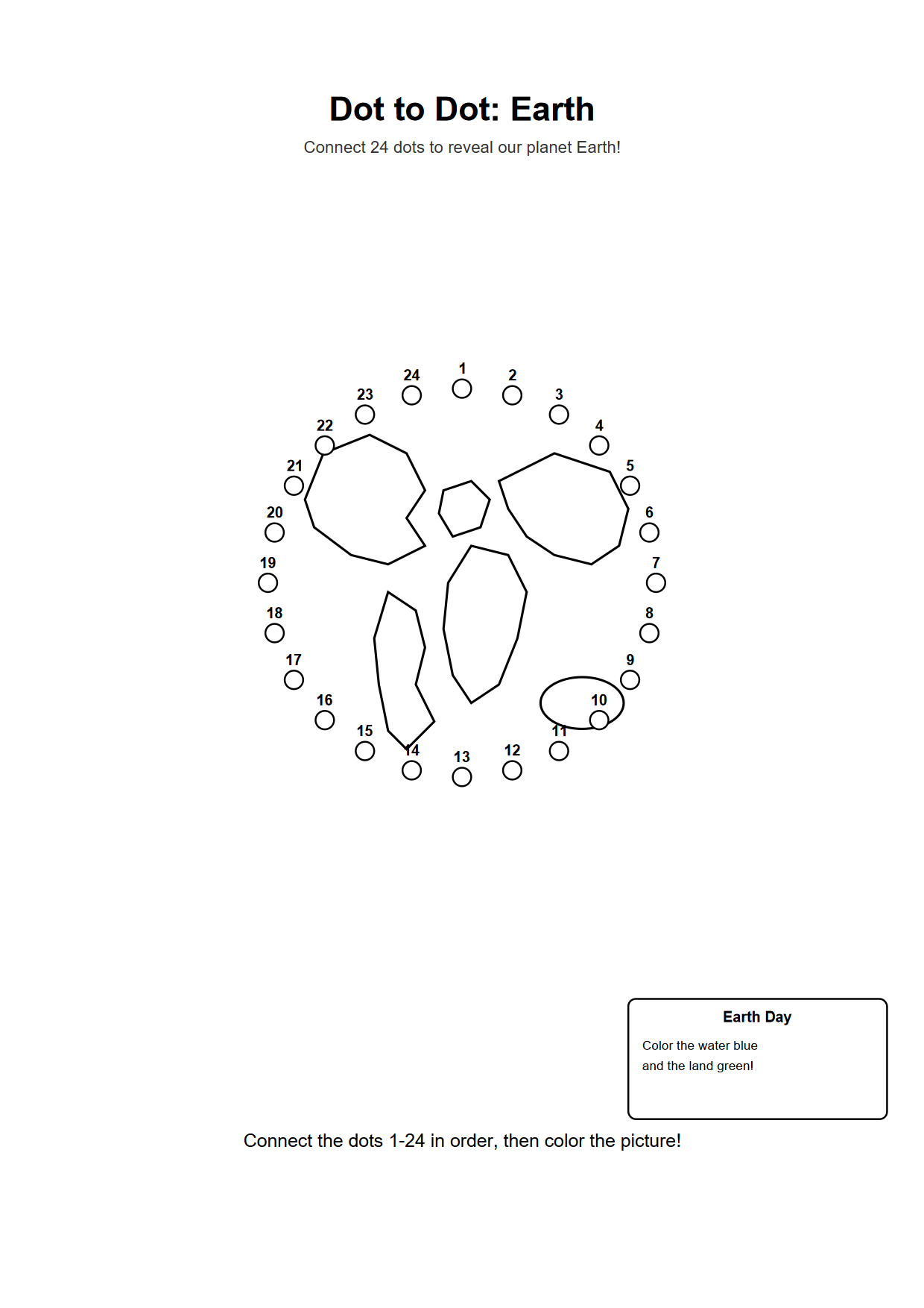 Dot to dot printable worksheet of planet Earth with 24 numbered outline dots