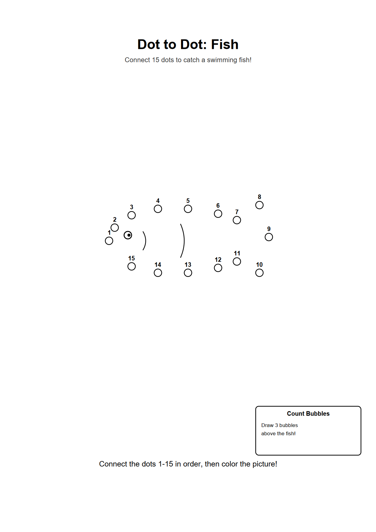 Dot to dot printable worksheet of a fish with 15 numbered outline dots