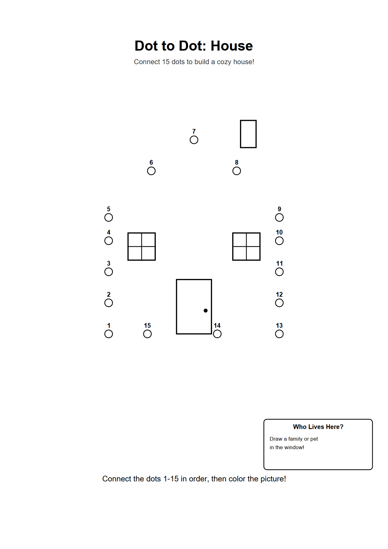 Dot to dot printable worksheet of a house with 15 numbered outline dots