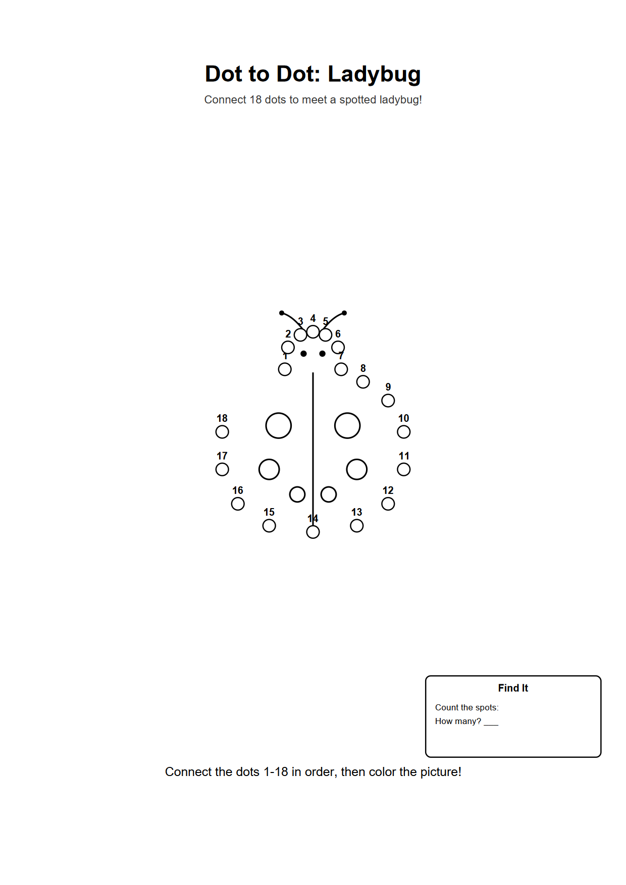 Dot to dot printable worksheet of a ladybug with 18 numbered outline dots