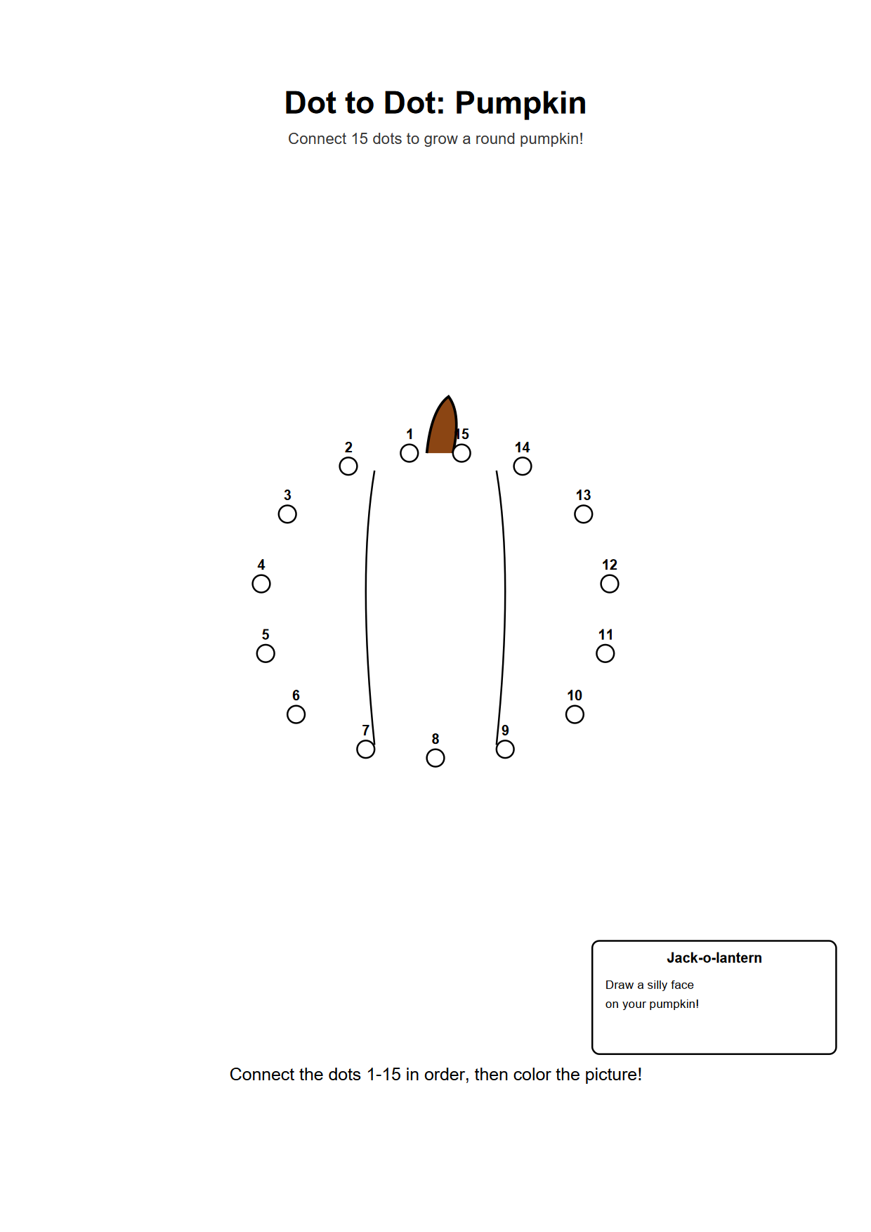Dot to dot printable worksheet of a pumpkin with 15 numbered outline dots