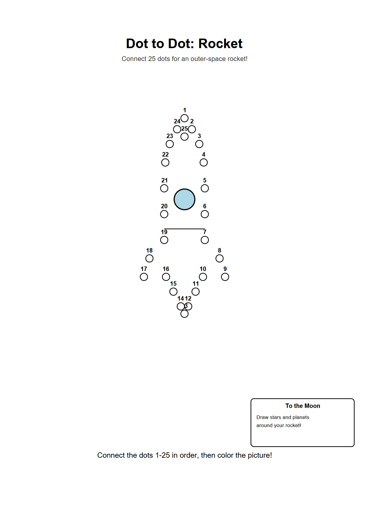 Dot to dot printable worksheet of a rocket with 25 numbered outline dots