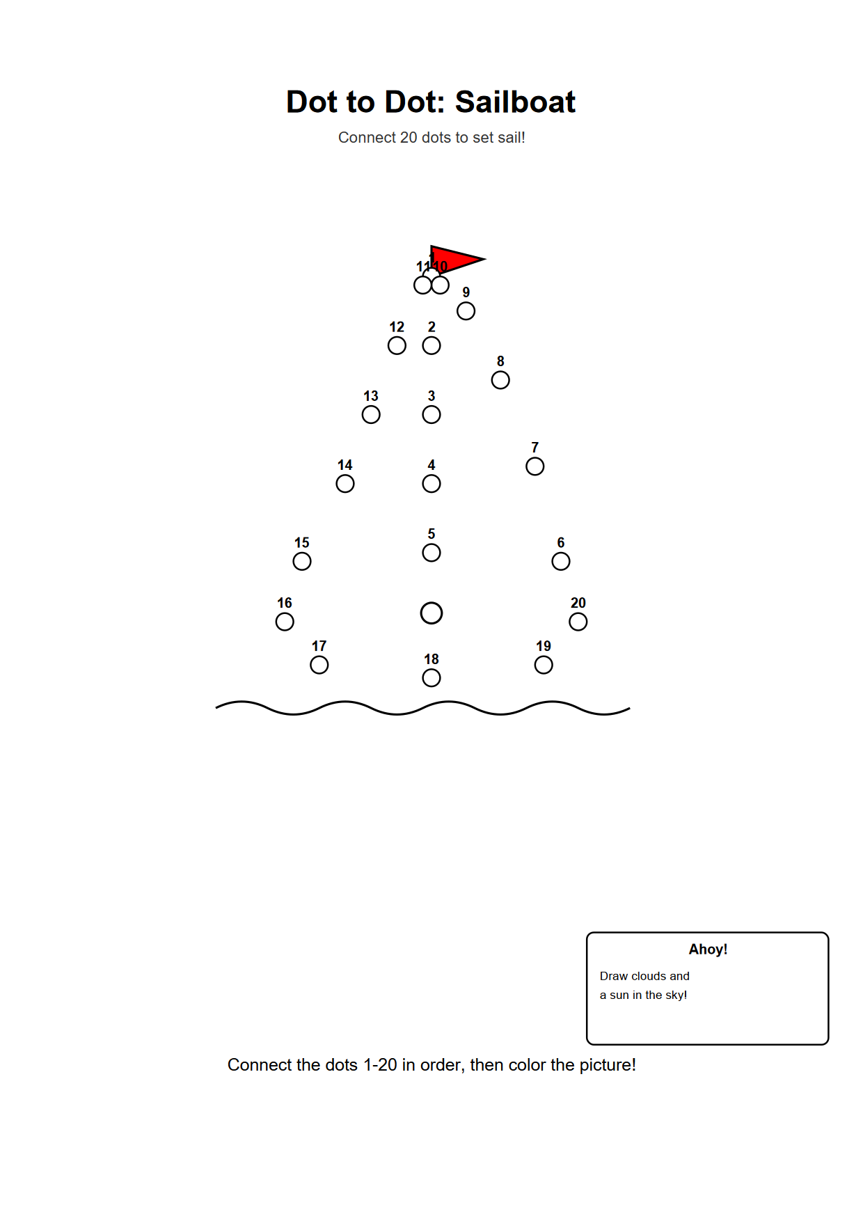 Dot to dot printable worksheet of a sailboat with 20 numbered outline dots