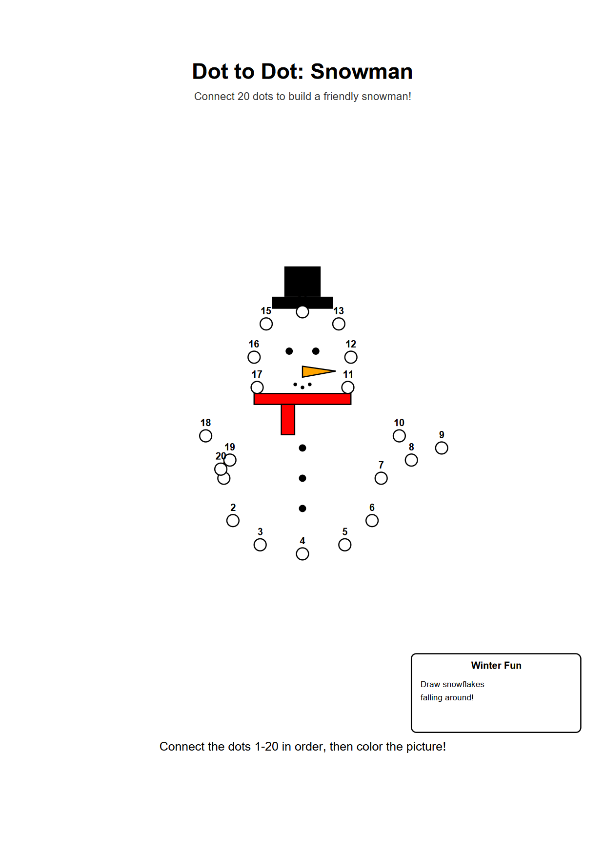Dot to dot printable worksheet of a snowman with 20 numbered outline dots