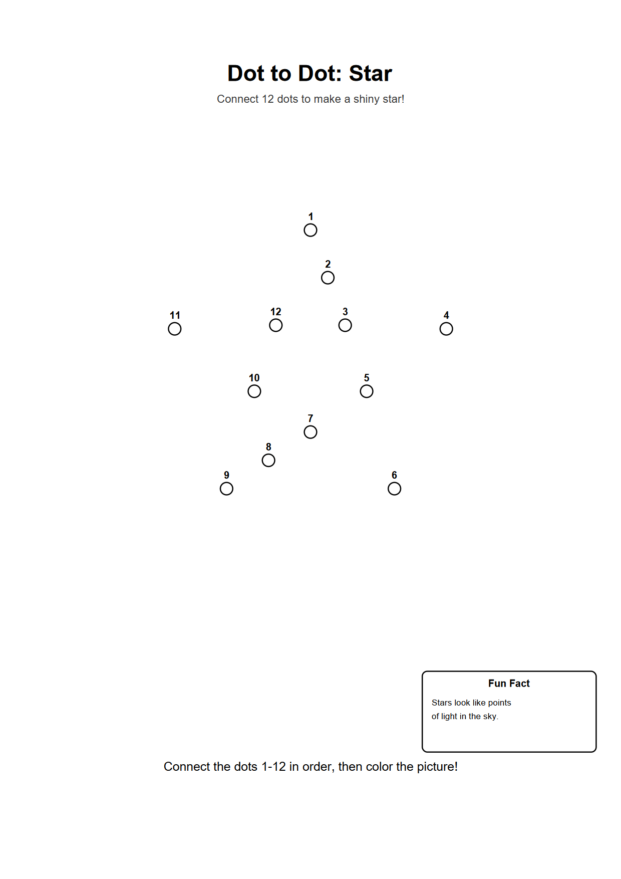 Dot to dot printable worksheet of a star with 12 numbered outline dots
