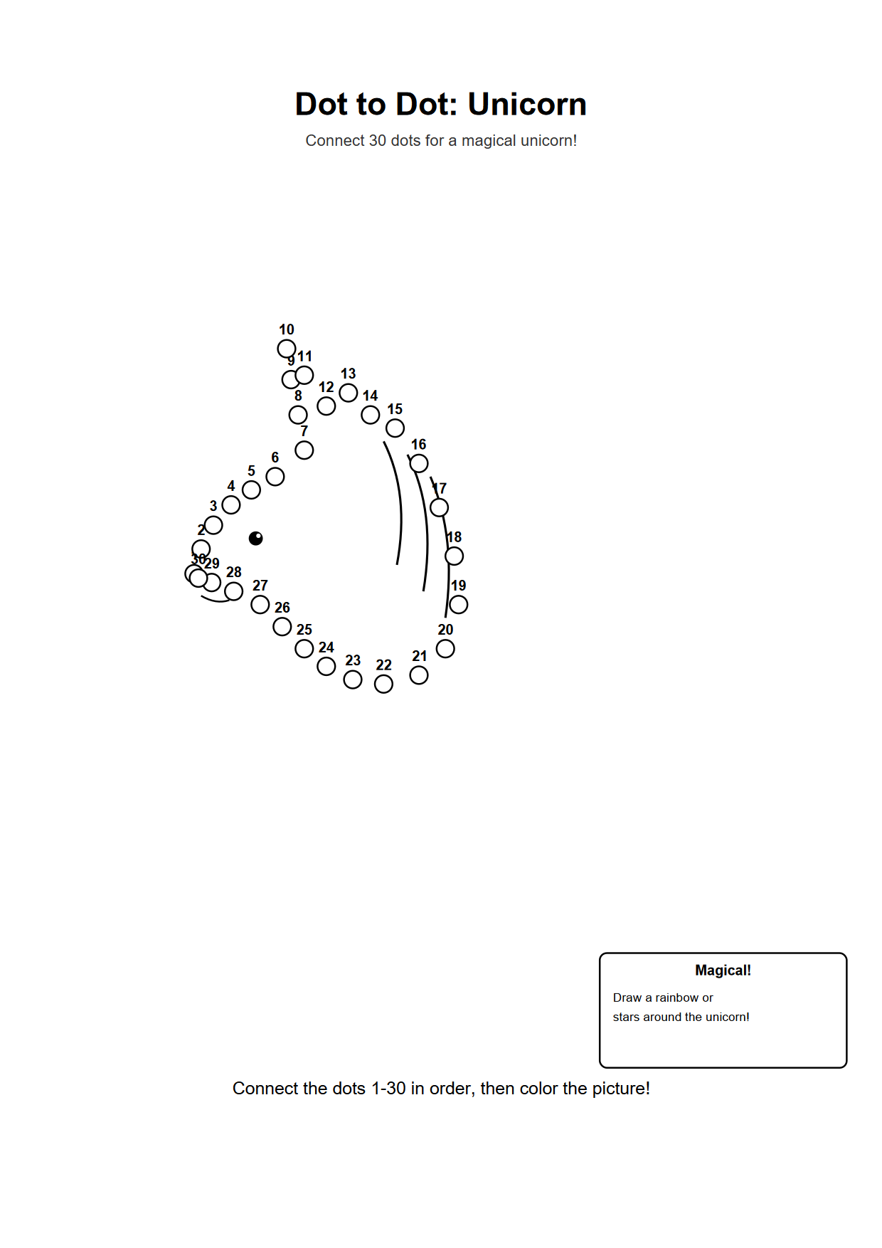 Dot to dot printable worksheet of a unicorn with 30 numbered outline dots