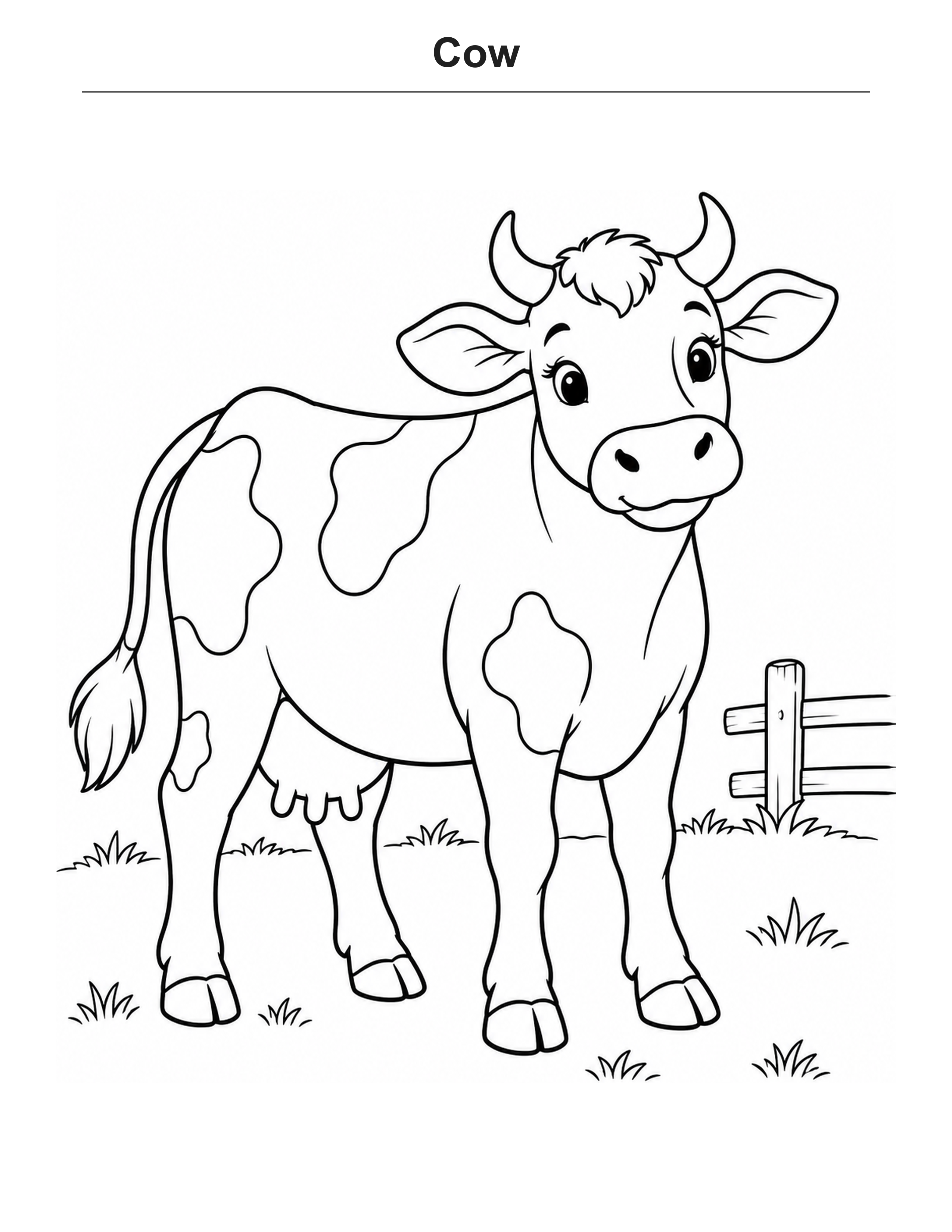 Cow coloring page: A cow standing in a meadow with a little fence nearby.