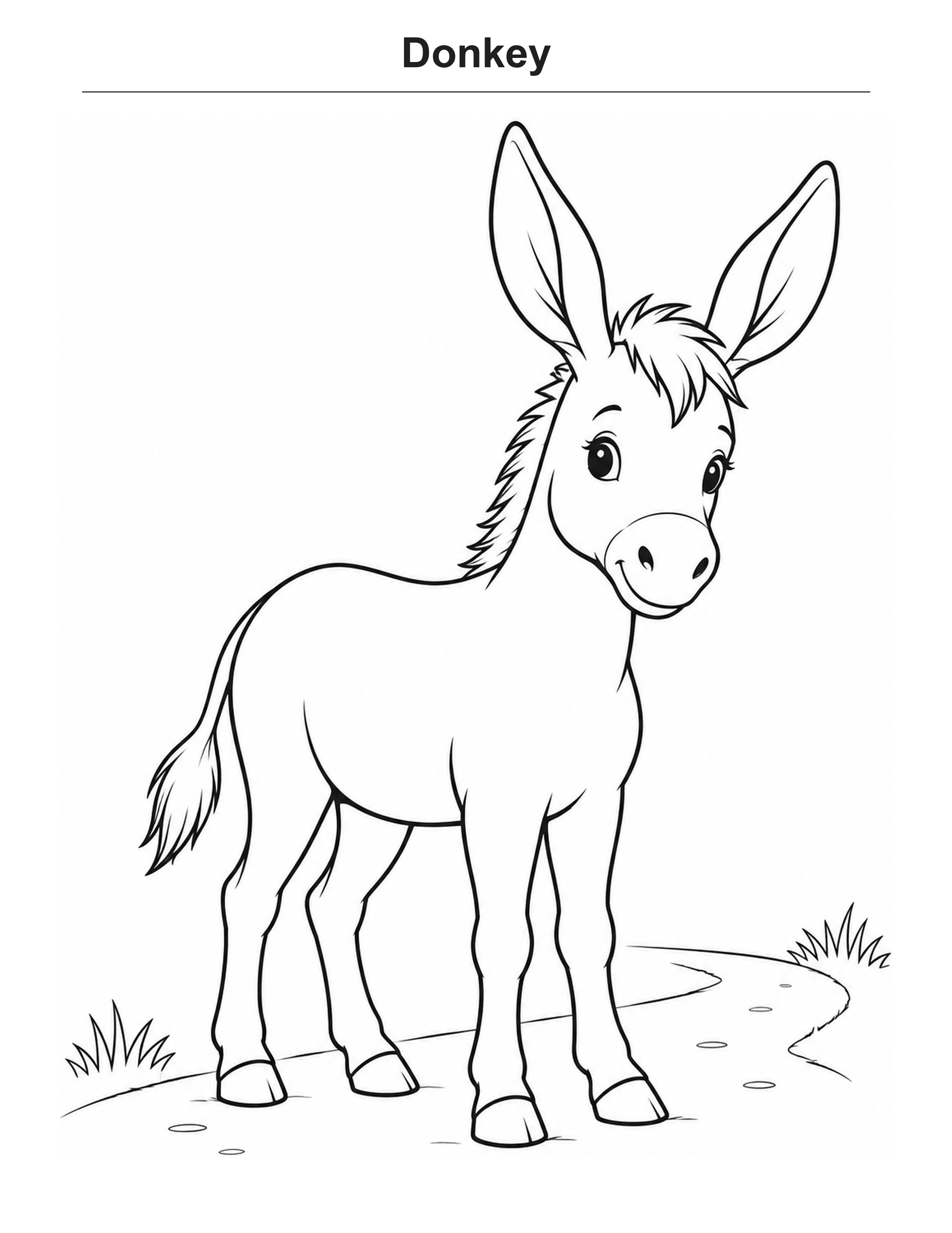 Donkey coloring page: A small donkey standing on a simple farm path.