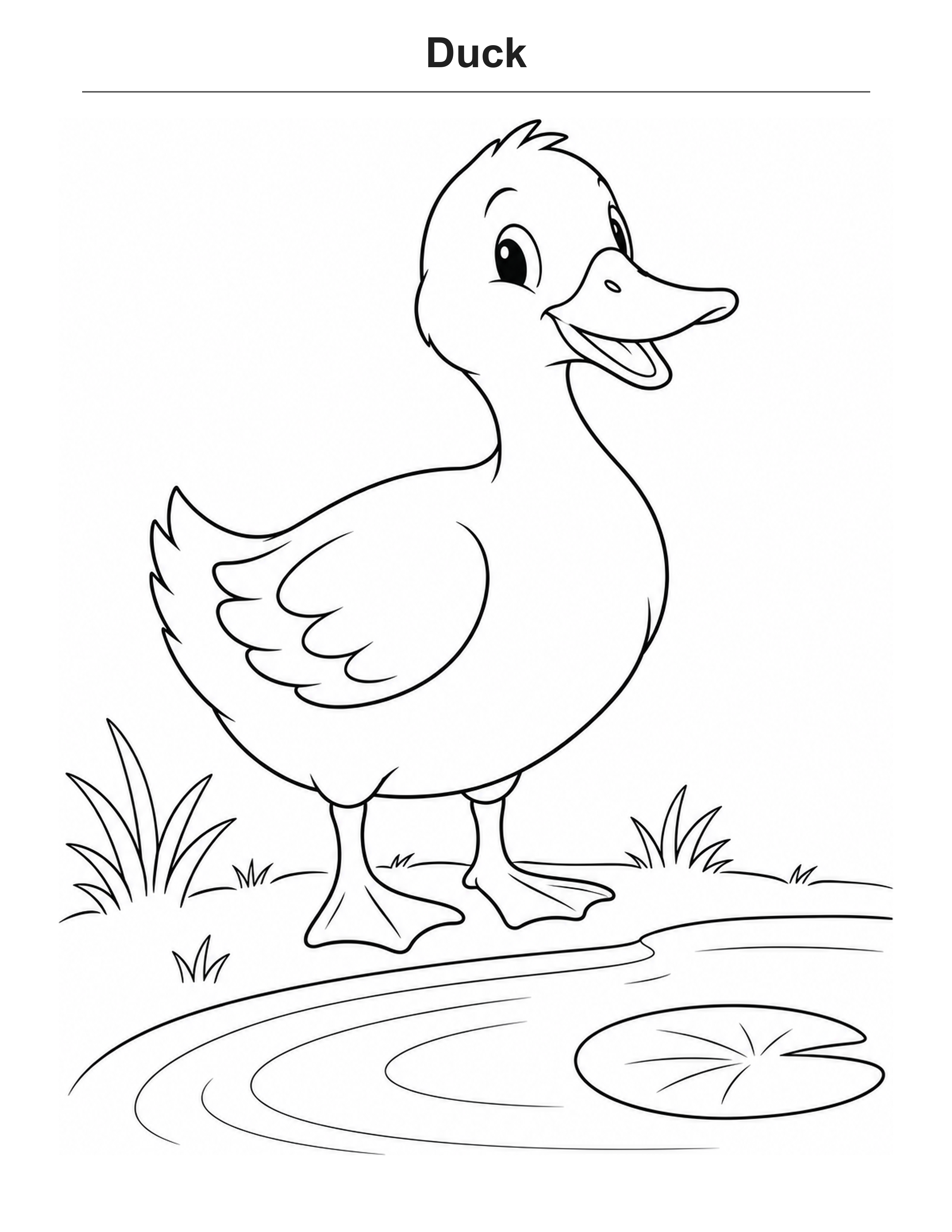 Duck coloring page: A duck standing beside a pond and lily pad.