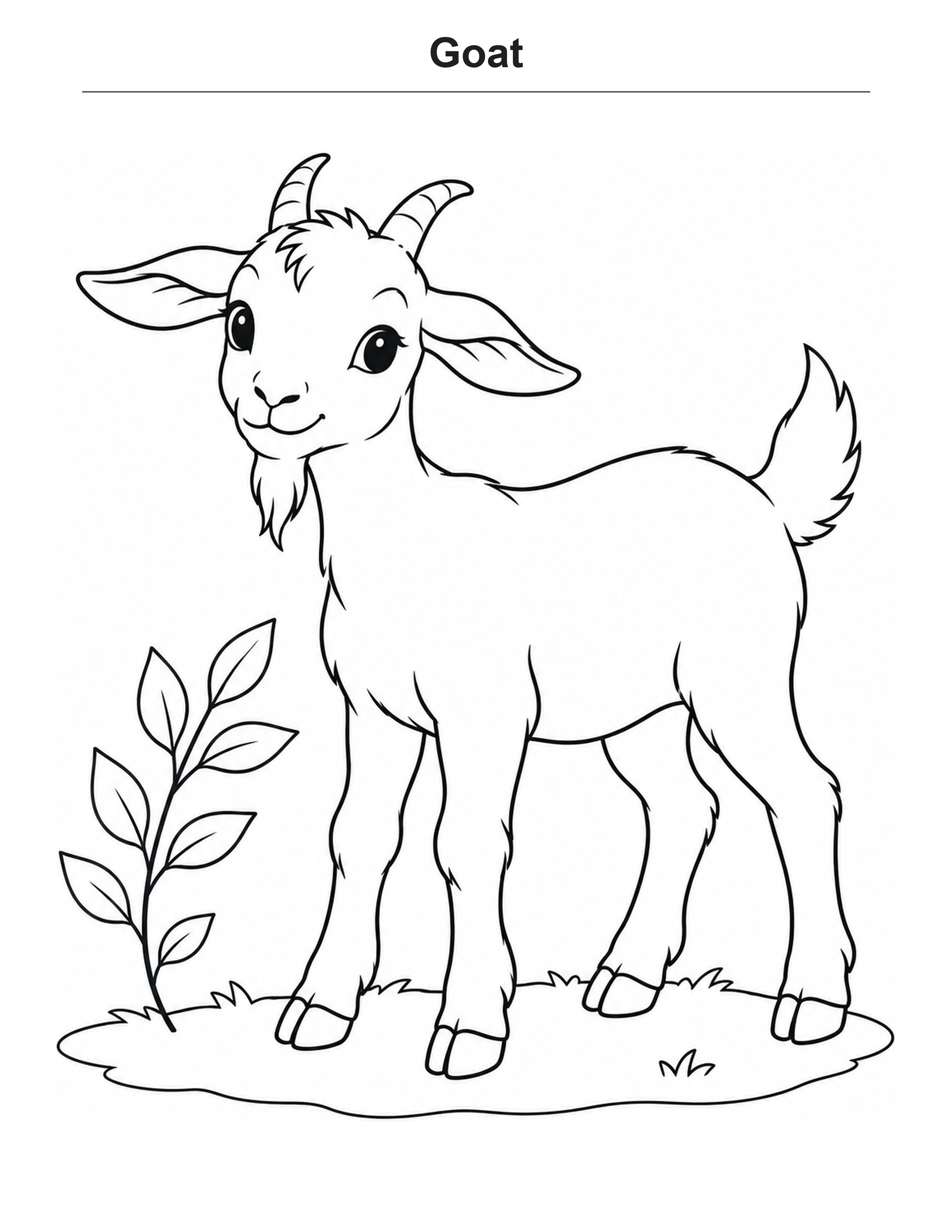 Goat coloring page: A young goat with small horns and a leafy branch.