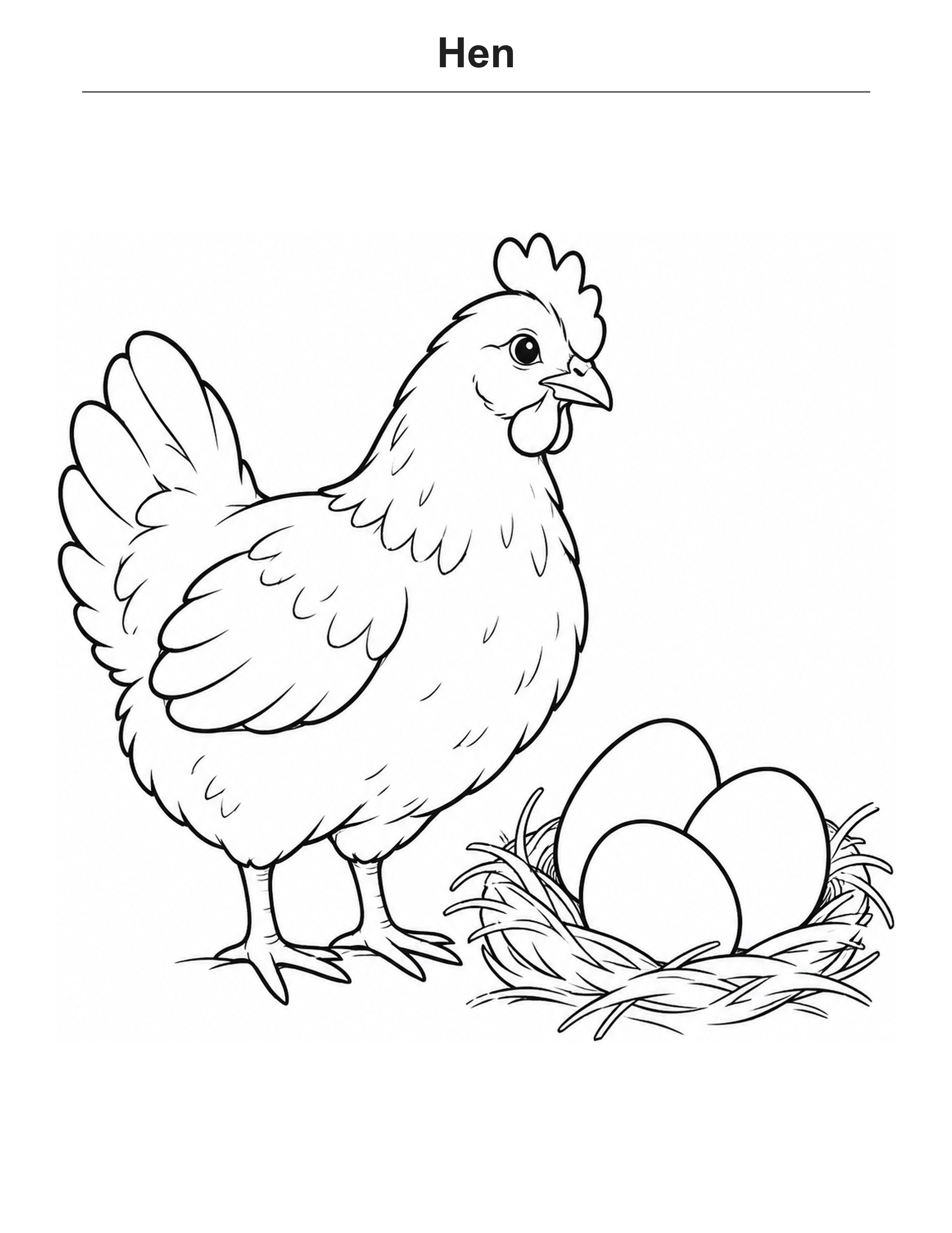 Hen coloring page: A hen beside a nest with three large eggs.