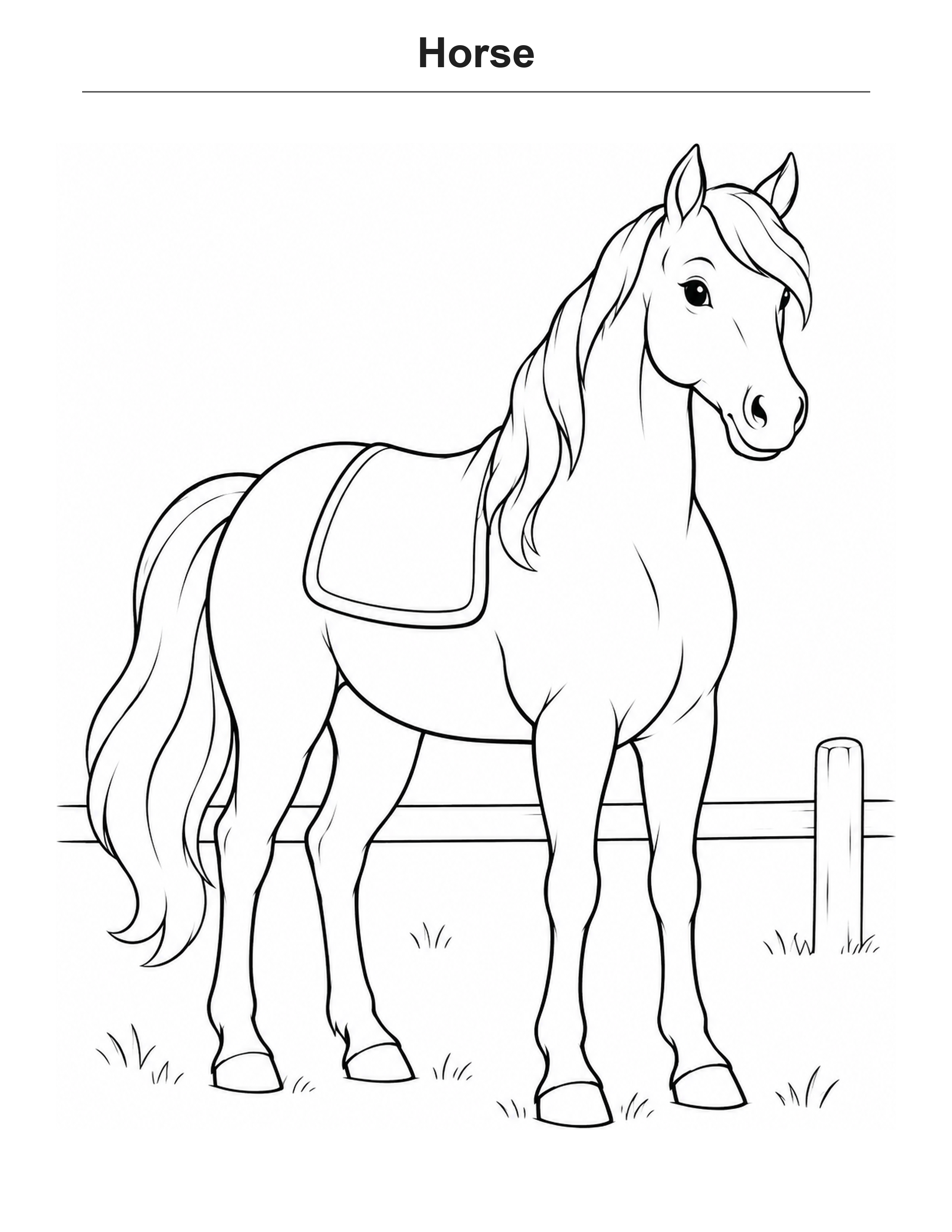 Horse coloring page: A calm horse standing beside a fence.