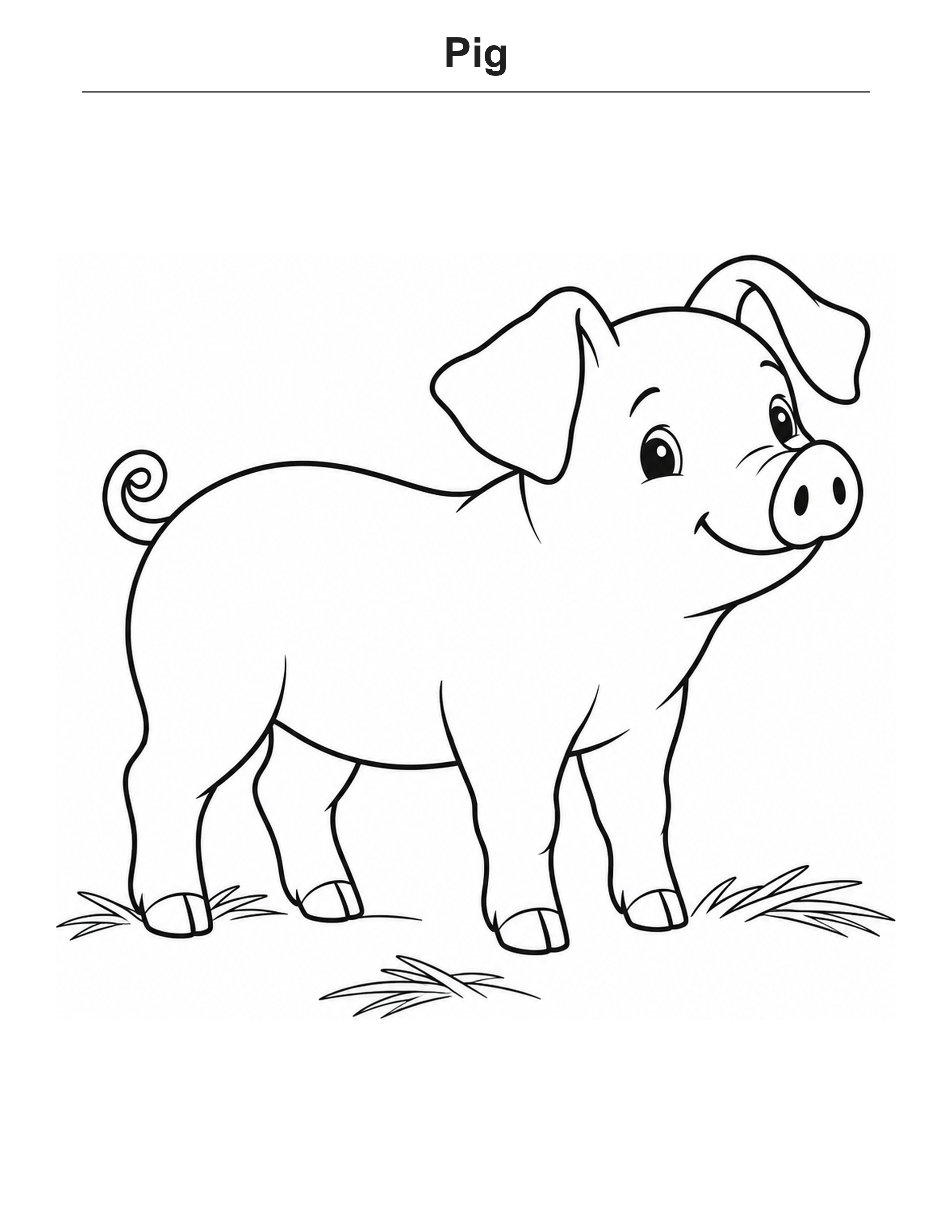 Pig coloring page: A pig standing on a small patch of grass.
