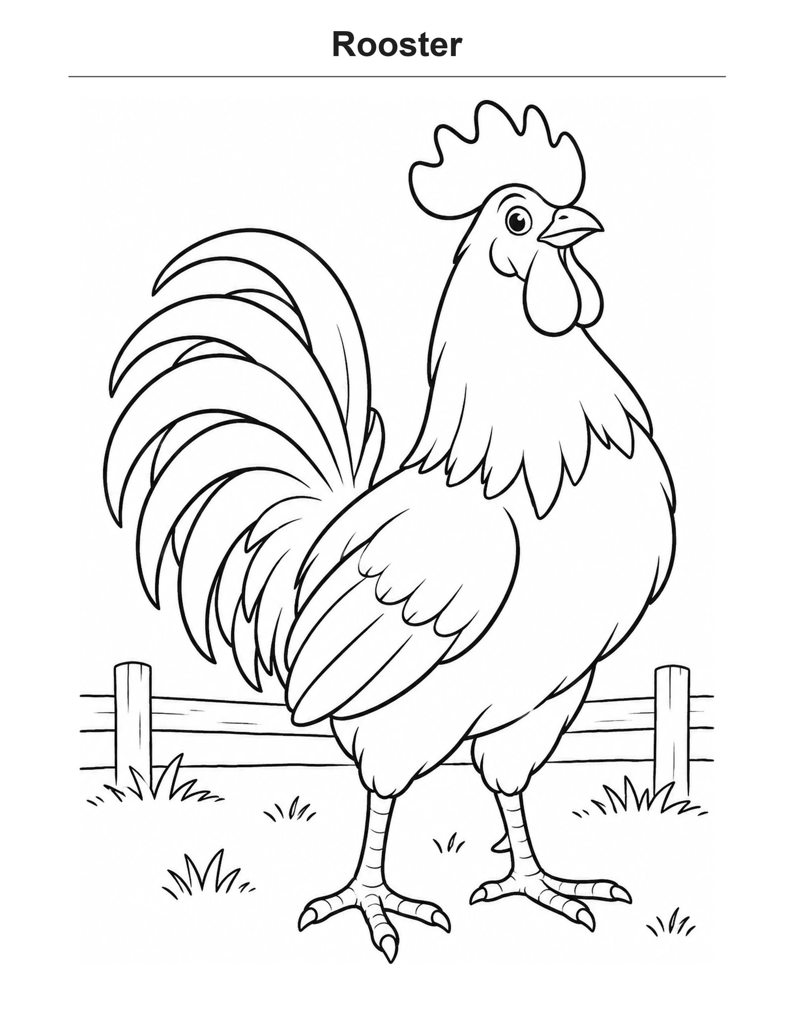 Rooster coloring page: A rooster with a broad, simple fan tail.