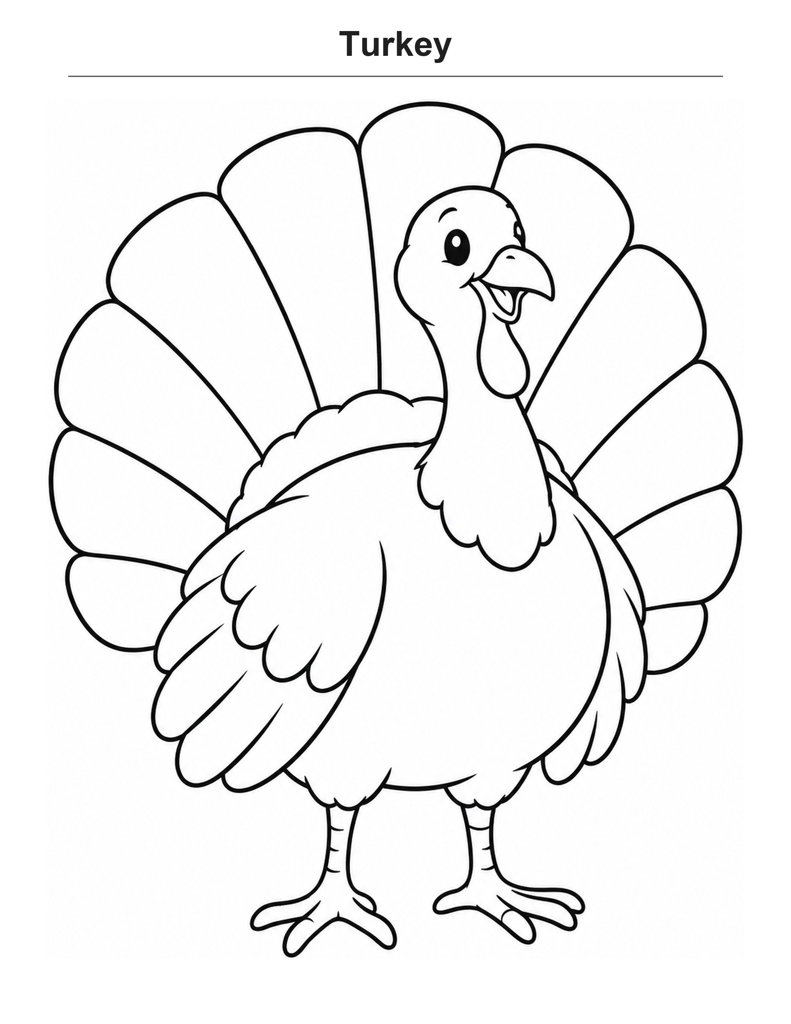Turkey coloring page: A turkey with a fan tail made of broad sections.
