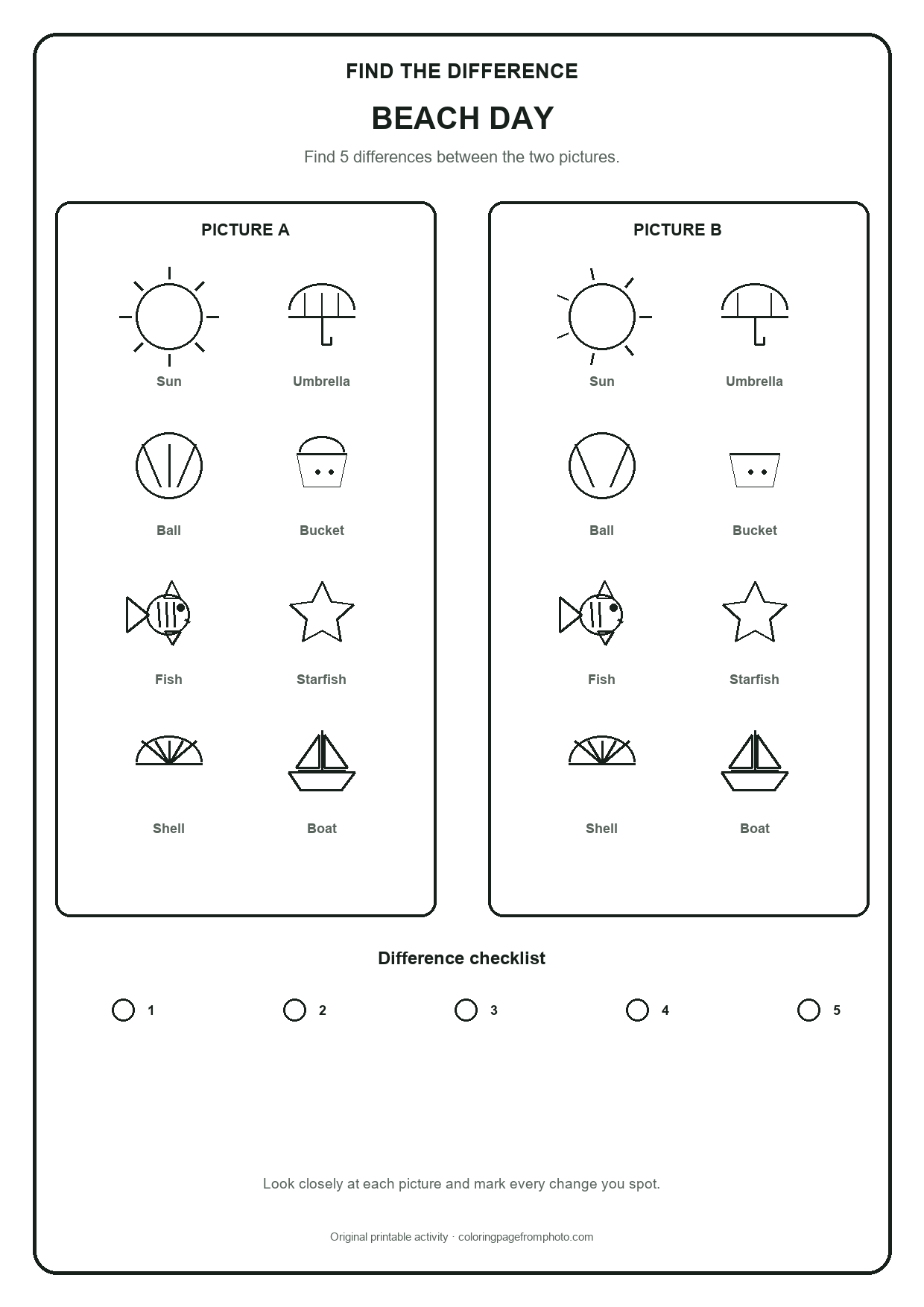 Printable beach day find the difference printables activity