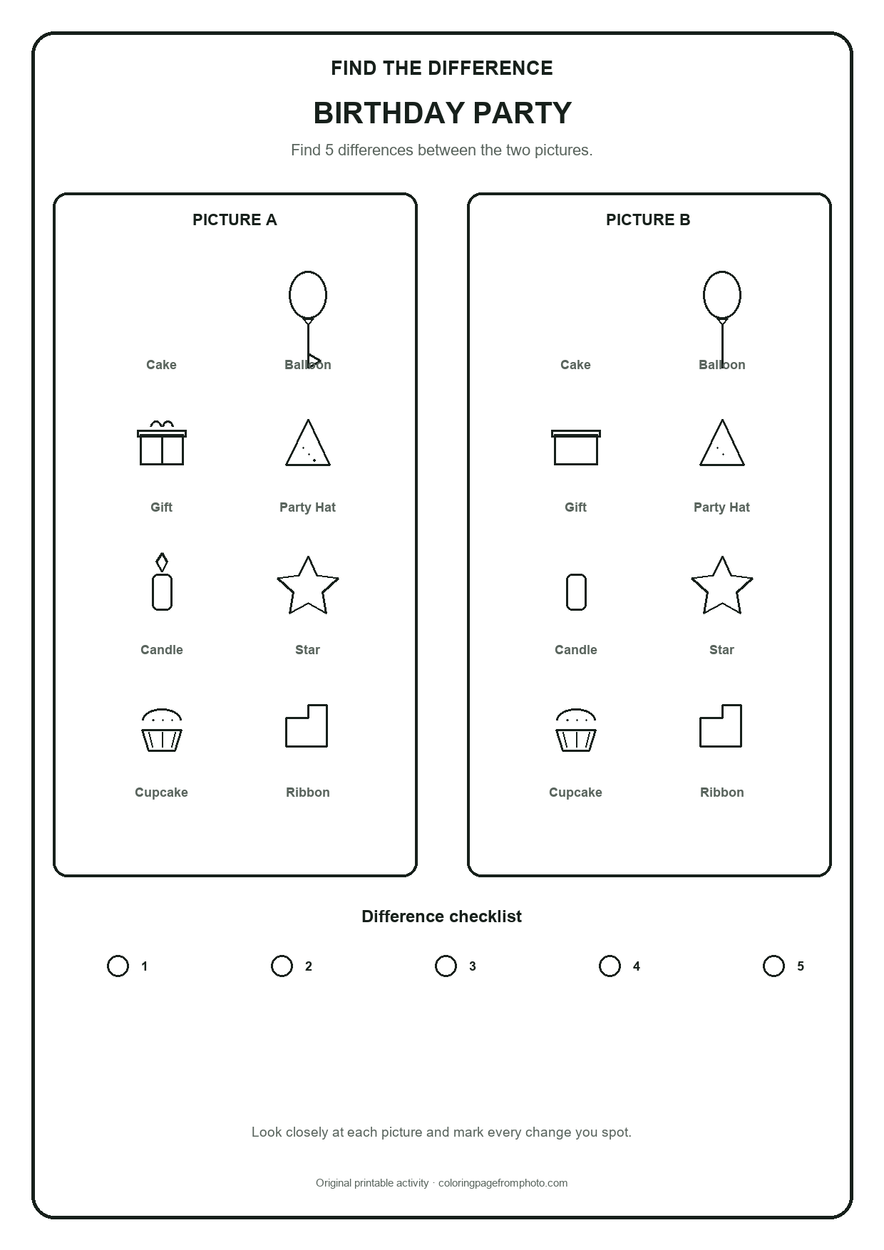 Printable birthday party find the difference printables activity