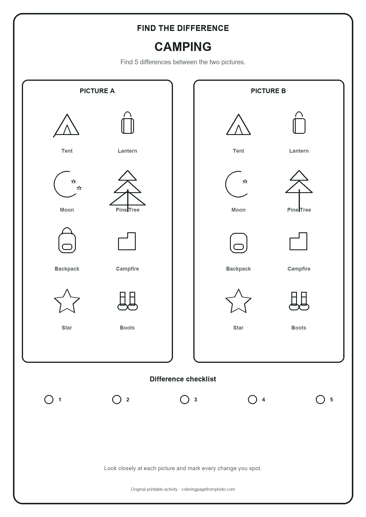 Printable camping find the difference printables activity