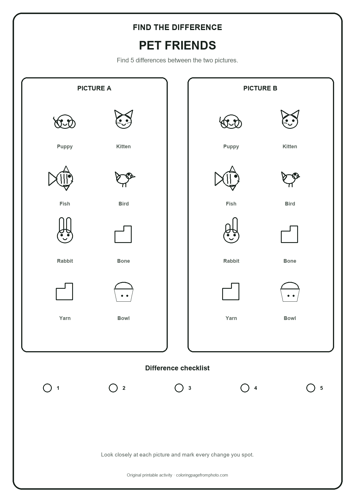 Printable pet friends find the difference printables activity