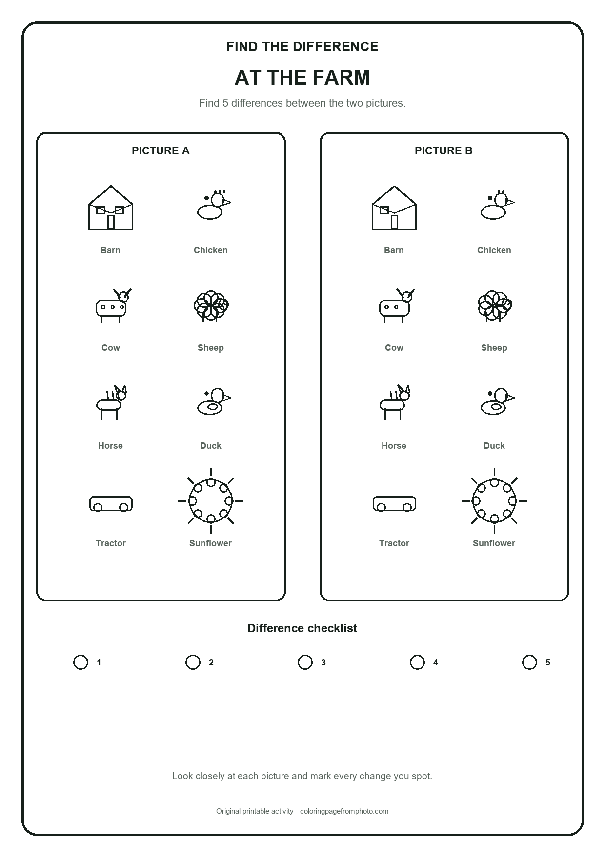 Printable at the farm find the difference printables activity