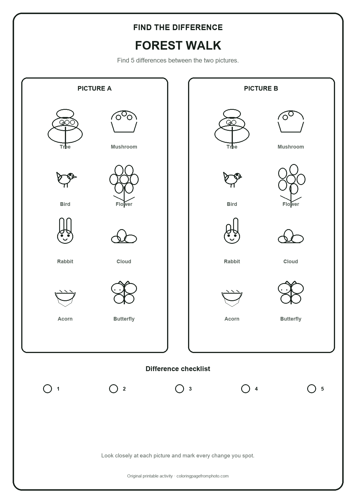 Printable forest walk find the difference printables activity