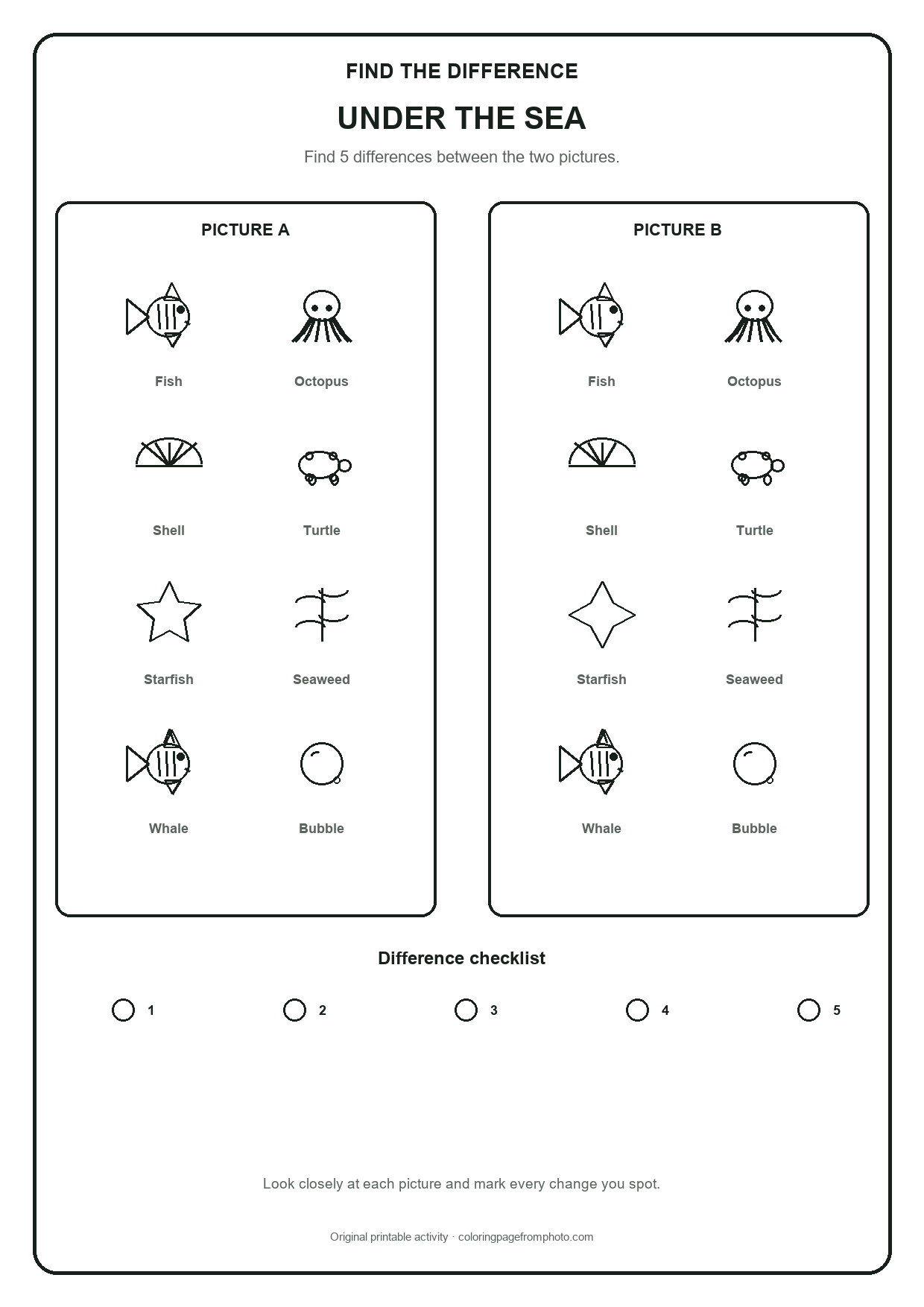 Printable under the sea find the difference printables activity
