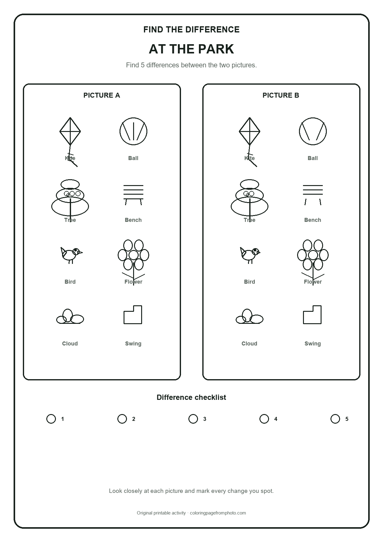 Printable at the park find the difference printables activity