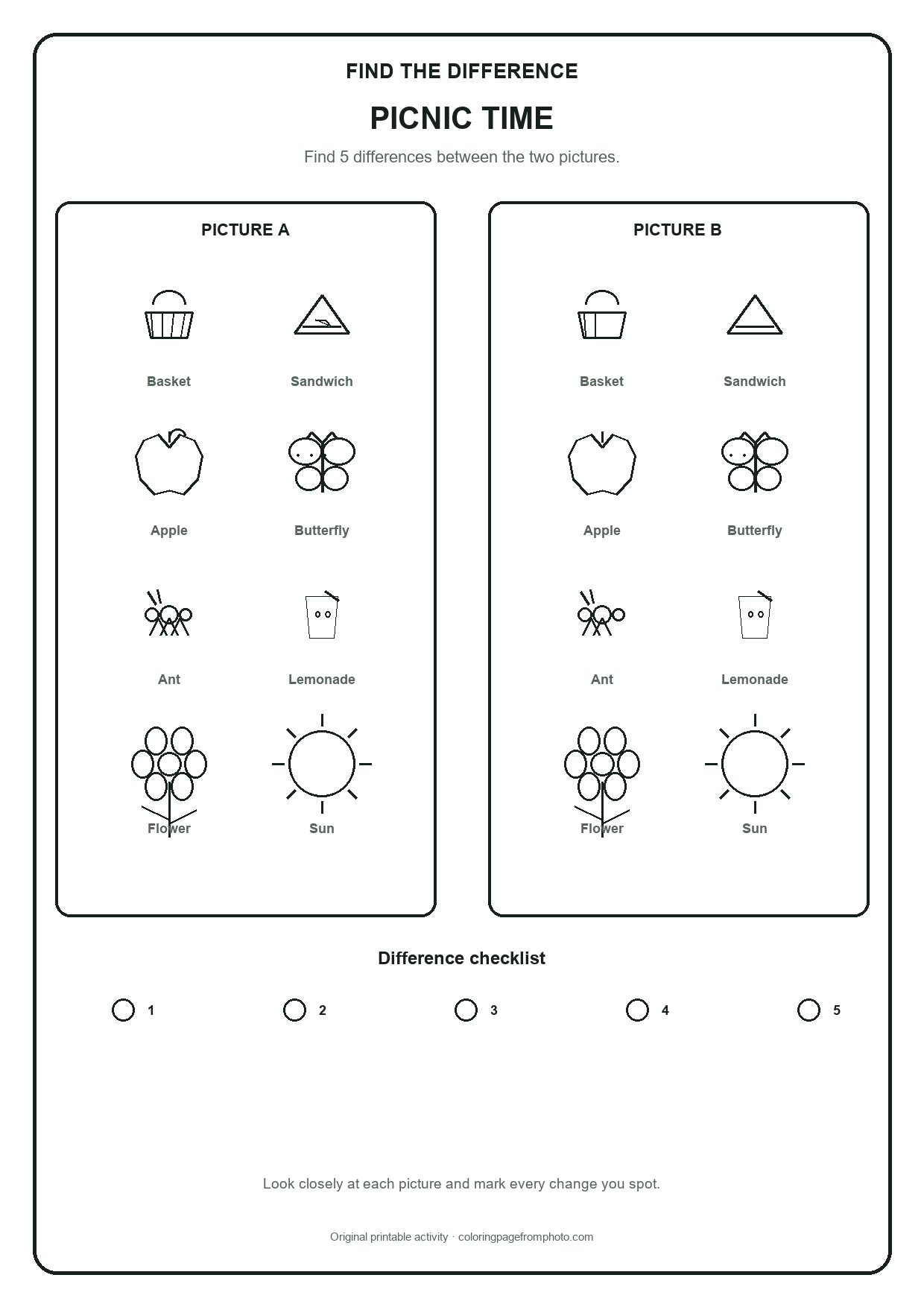 Printable picnic time find the difference printables activity