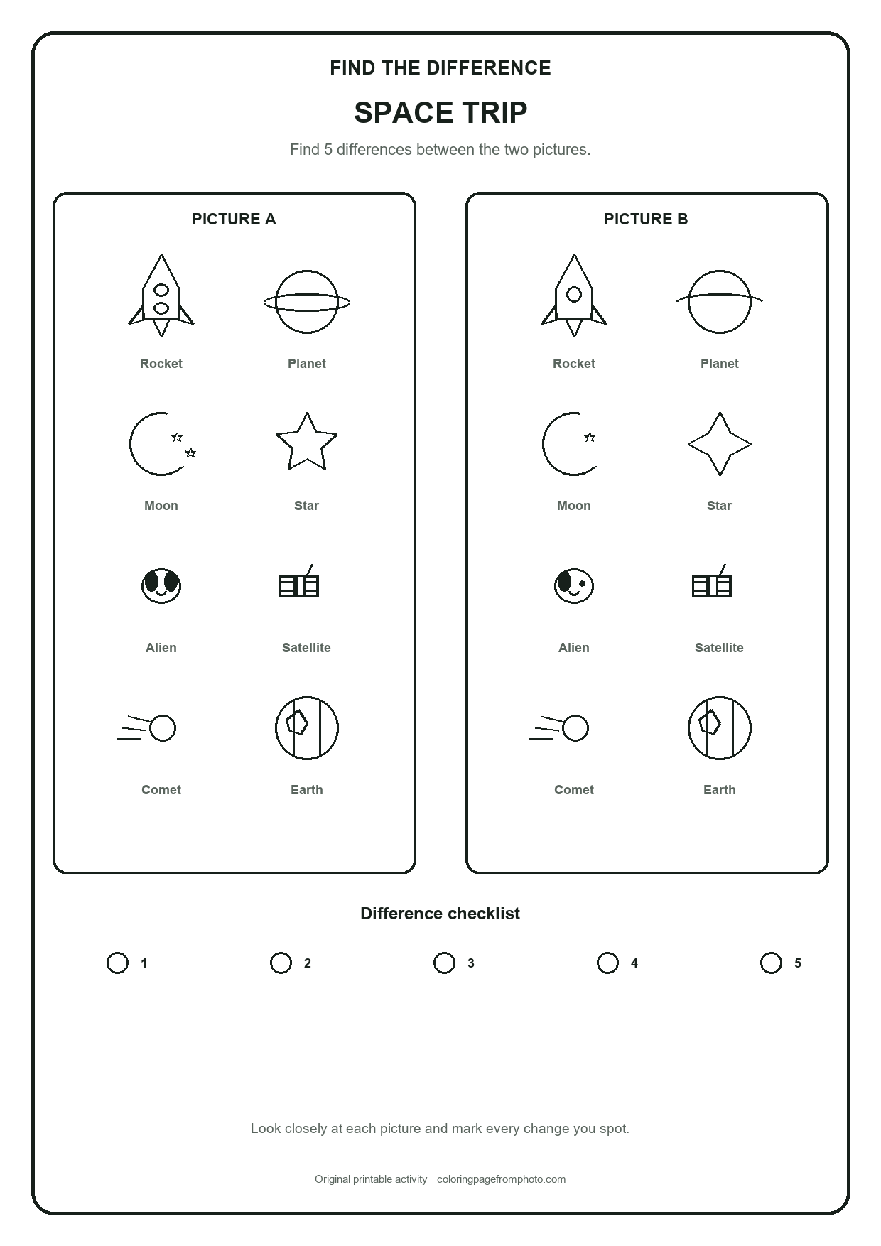 Printable space trip find the difference printables activity