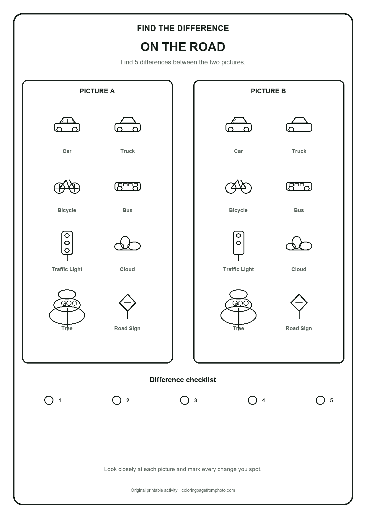 Printable on the road find the difference printables activity