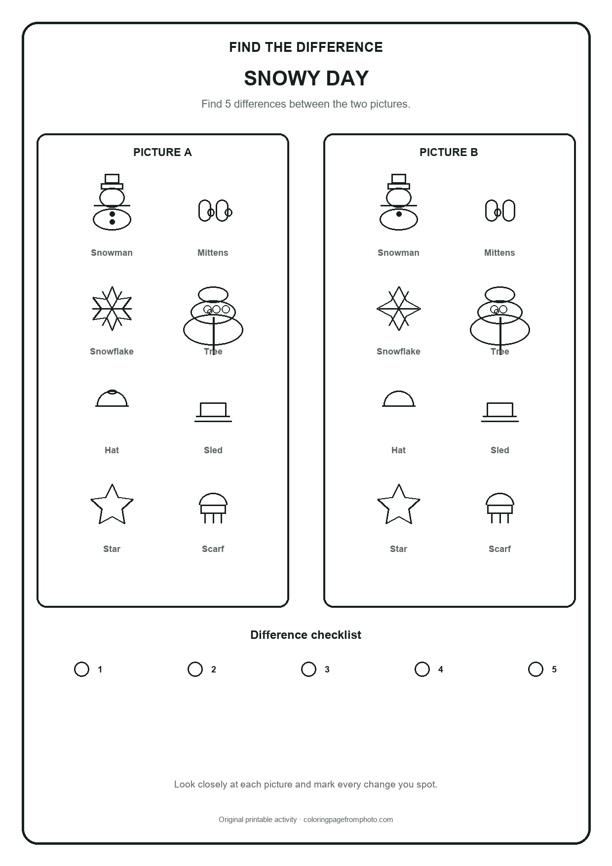 Printable snowy day find the difference printables activity