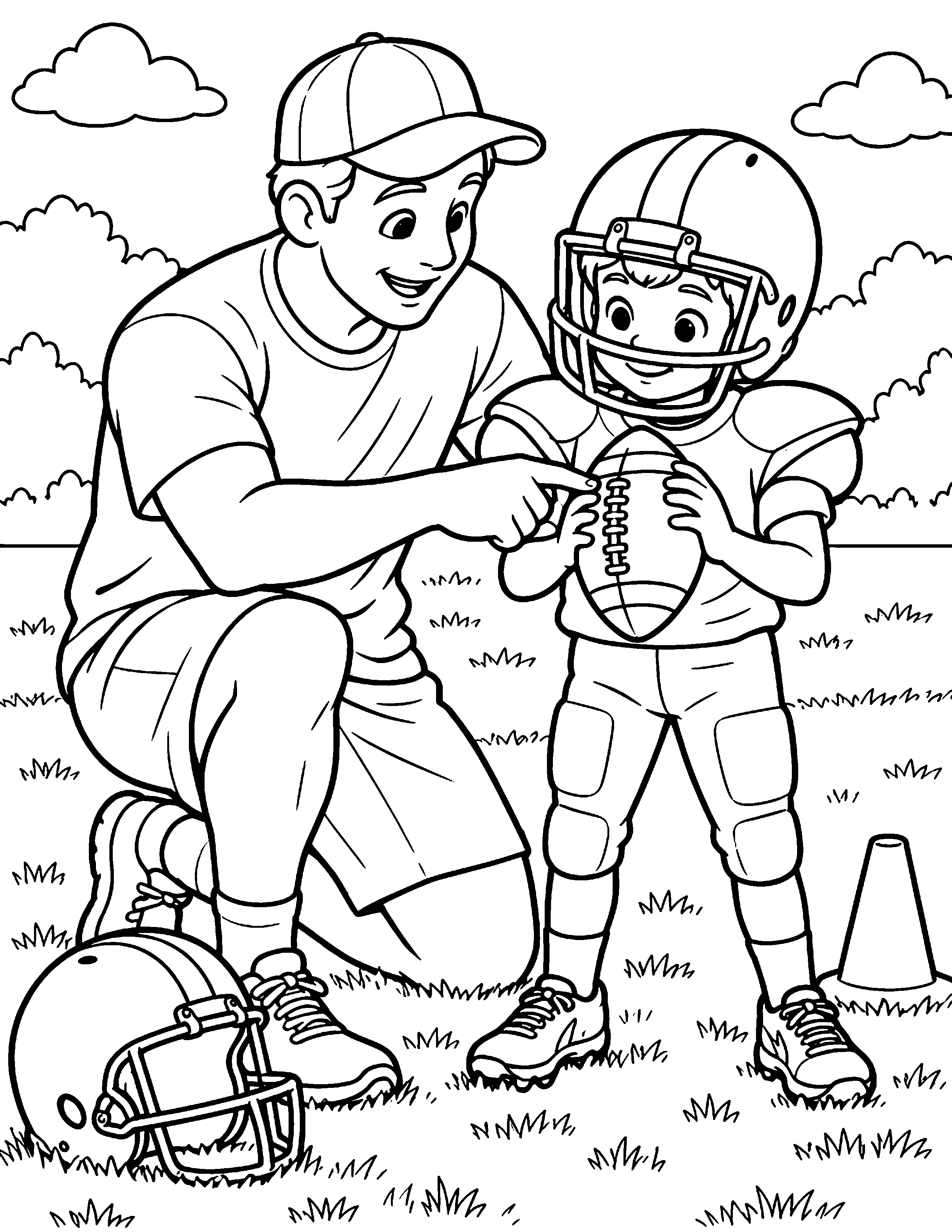 Football Practice with Coach black-and-white coloring page