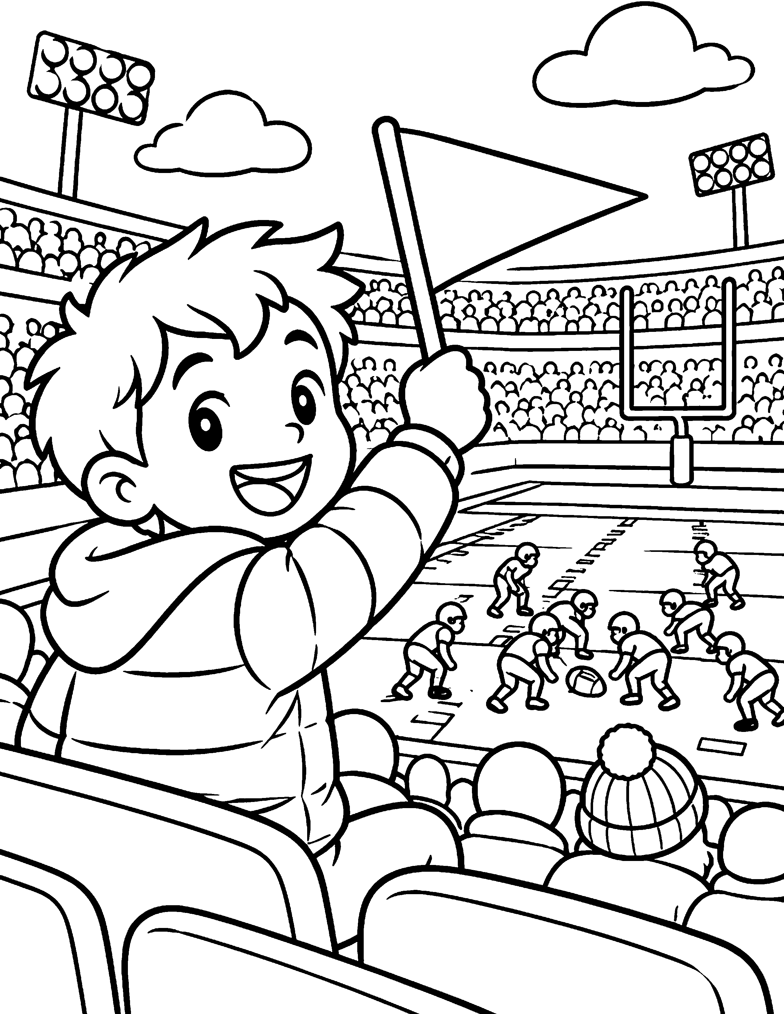 Football Fan in Stands black-and-white coloring page