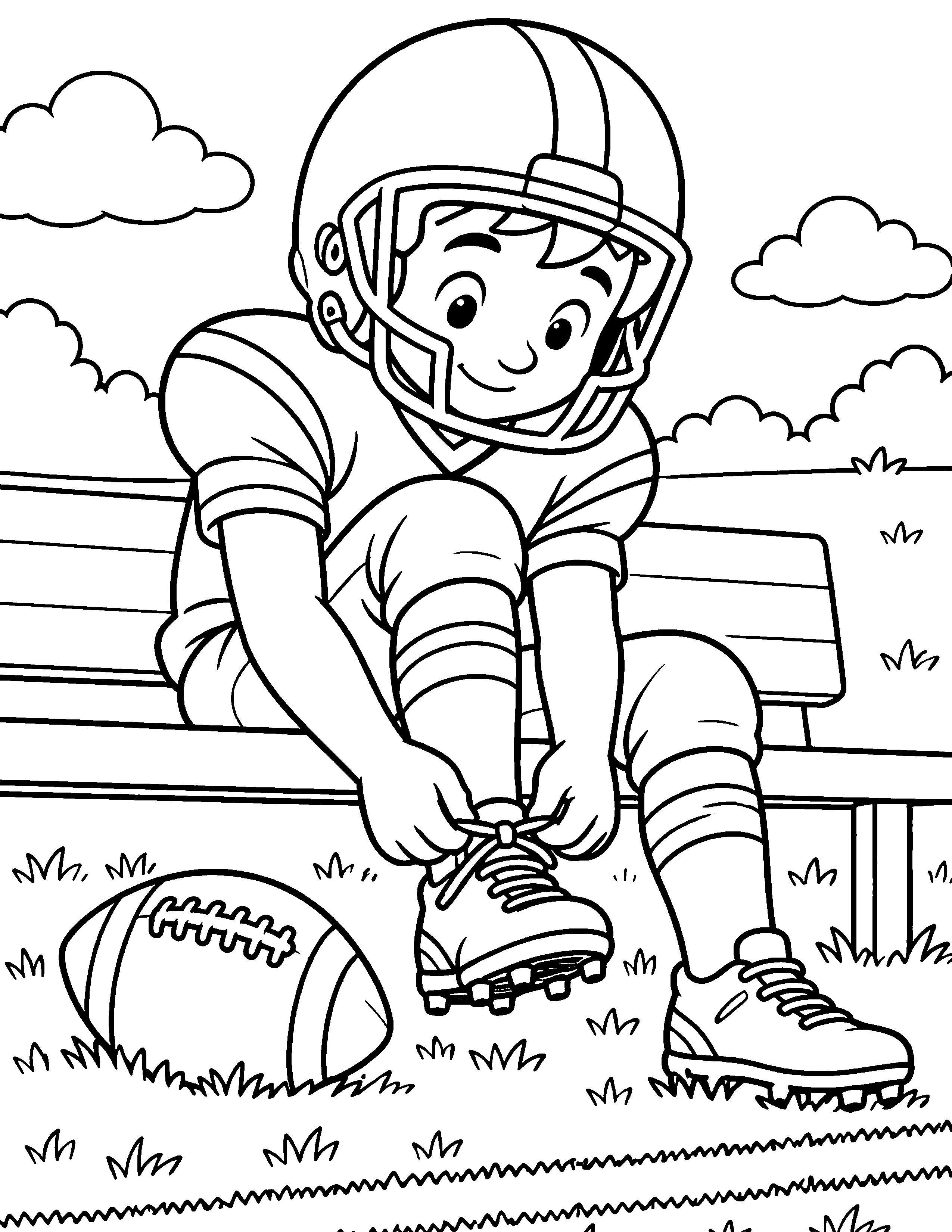 Tying Football Cleats black-and-white coloring page