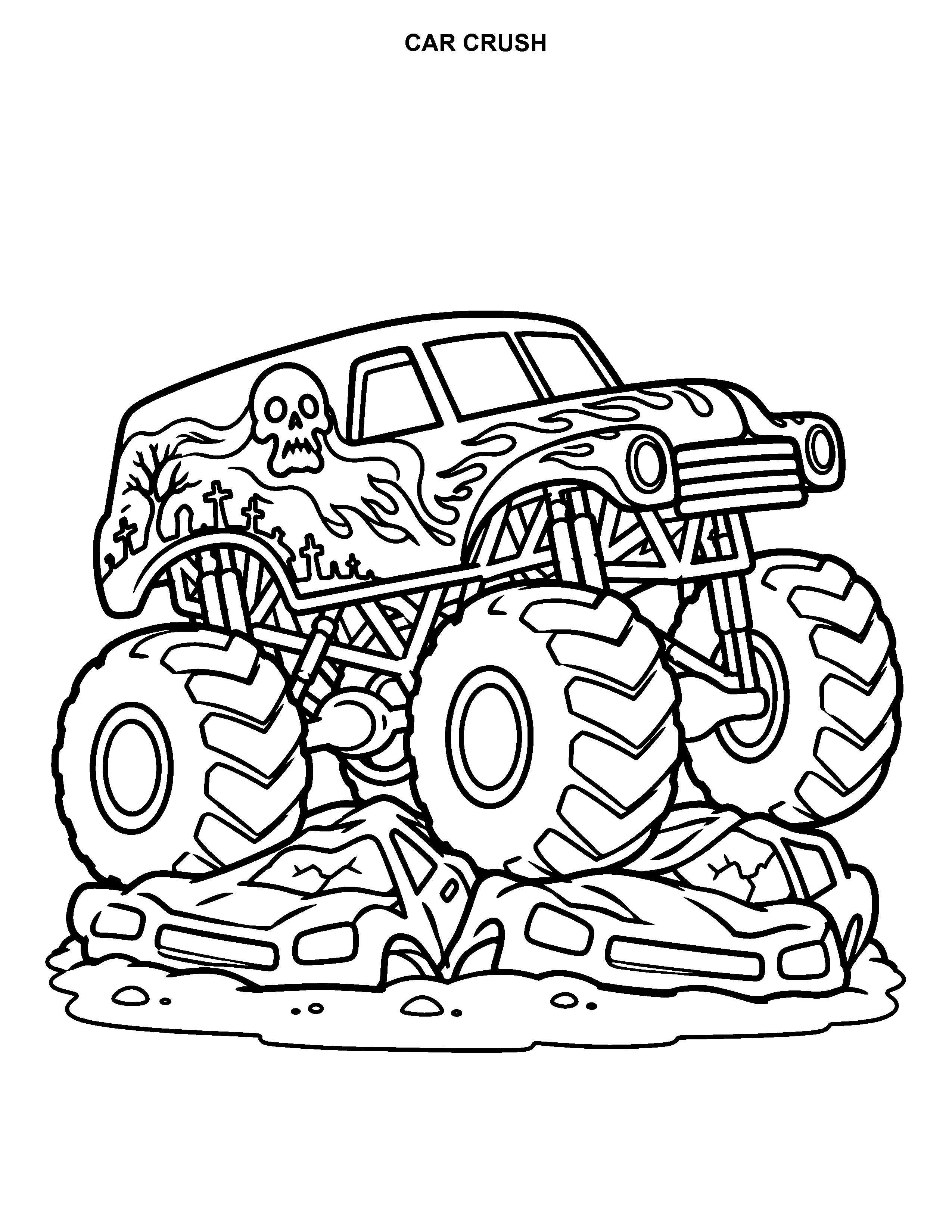 Car Crush printable black-and-white coloring page