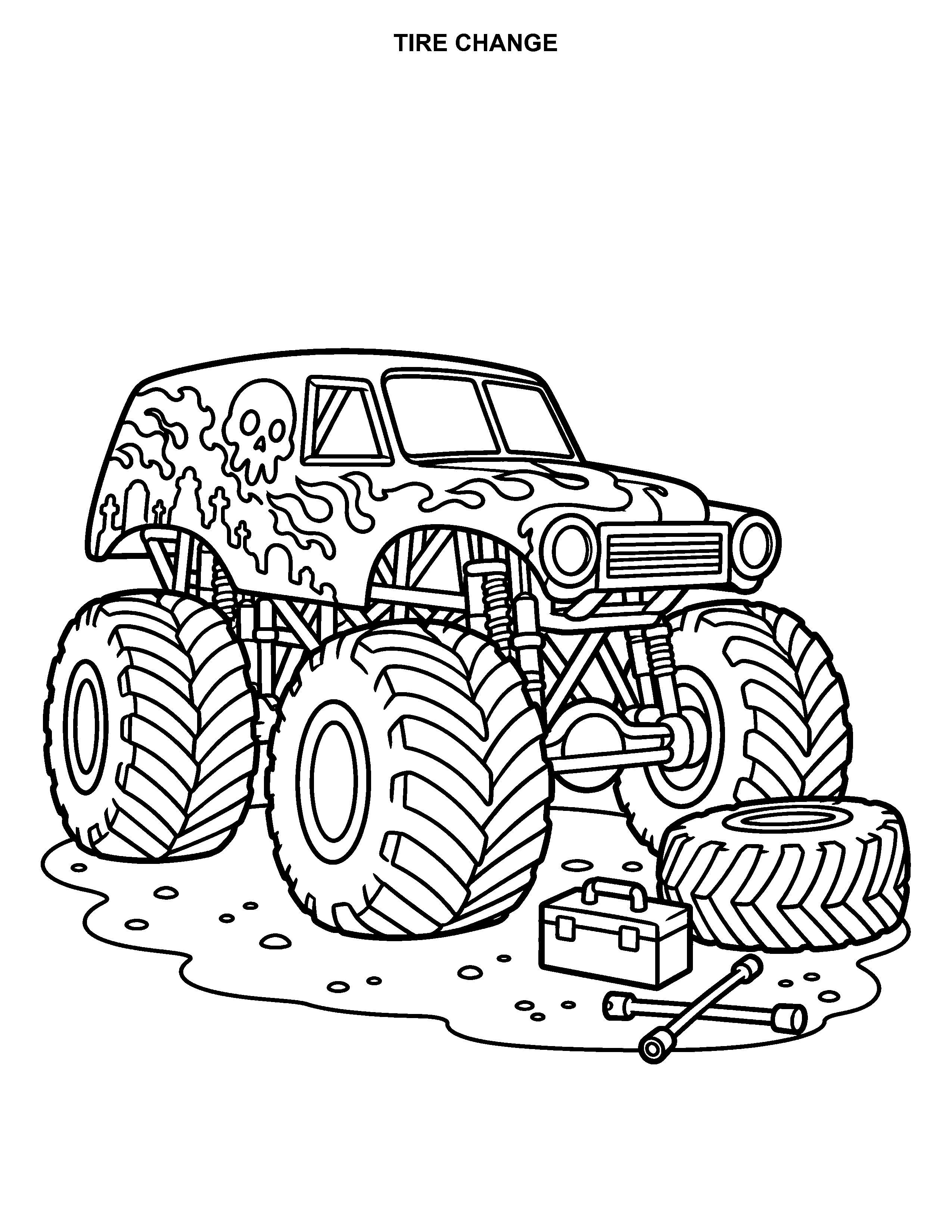 Tire Change printable black-and-white coloring page