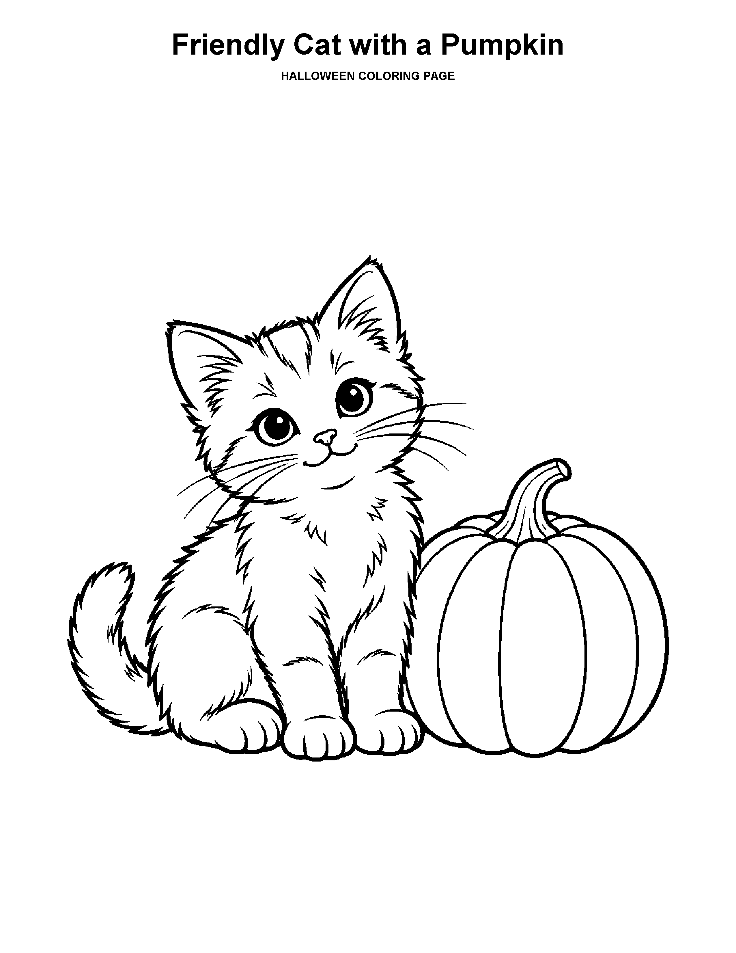 Friendly Cat with a Pumpkin coloring page: A friendly kitten sits beside a pumpkin.