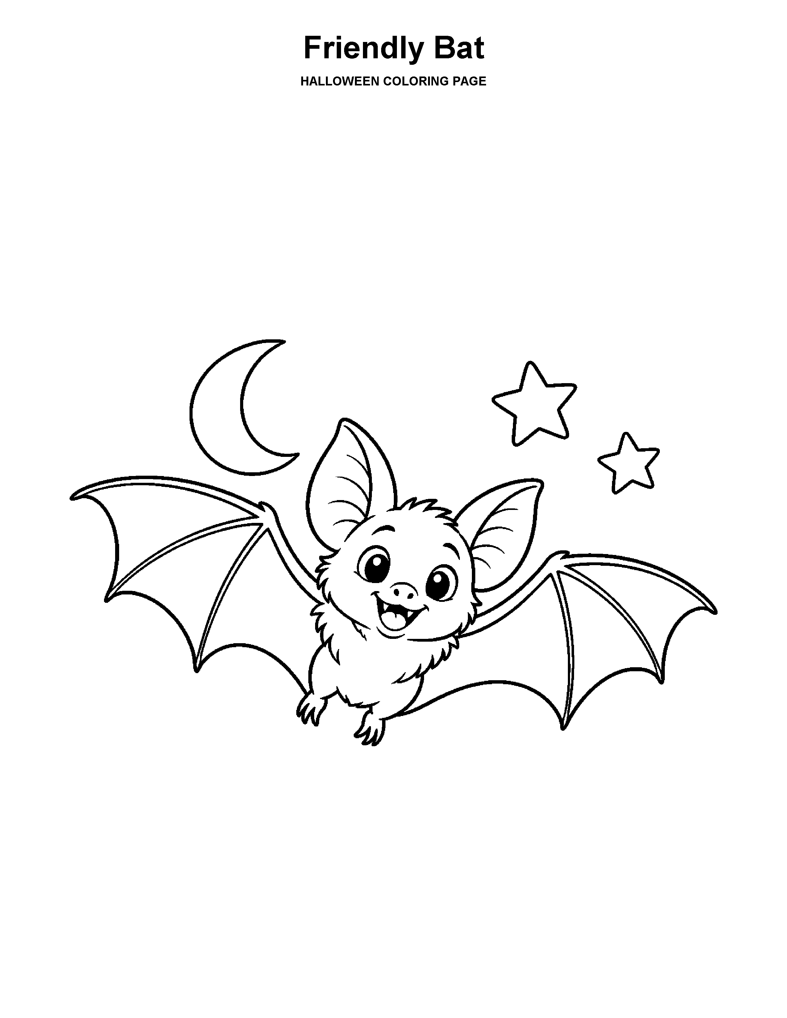 Friendly Bat coloring page: A friendly bat flies beneath a crescent moon and stars.