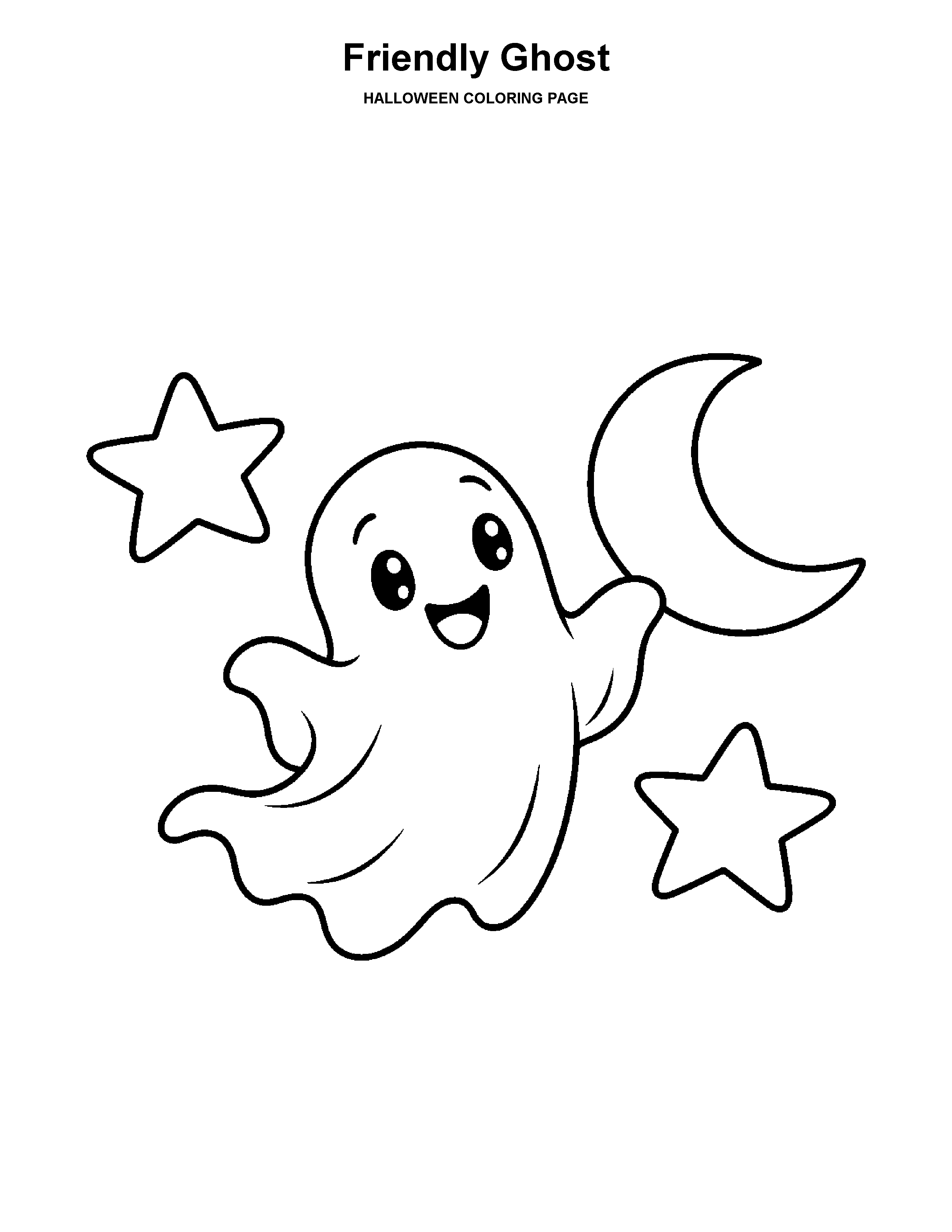 Friendly Ghost coloring page: A smiling ghost floats beside a crescent moon and stars.